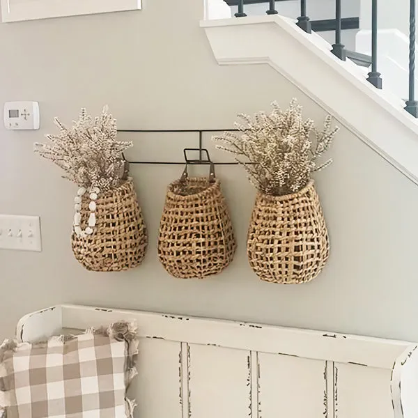 Hyacinth Wall Baskets on Hanging Racks, Set of 3