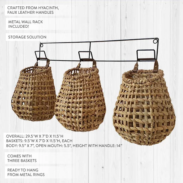 Hyacinth Wall Baskets on Hanging Racks, Set of 3