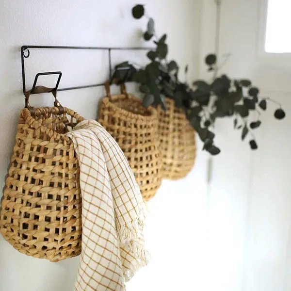 Hyacinth Wall Baskets on Hanging Racks, Set of 3
