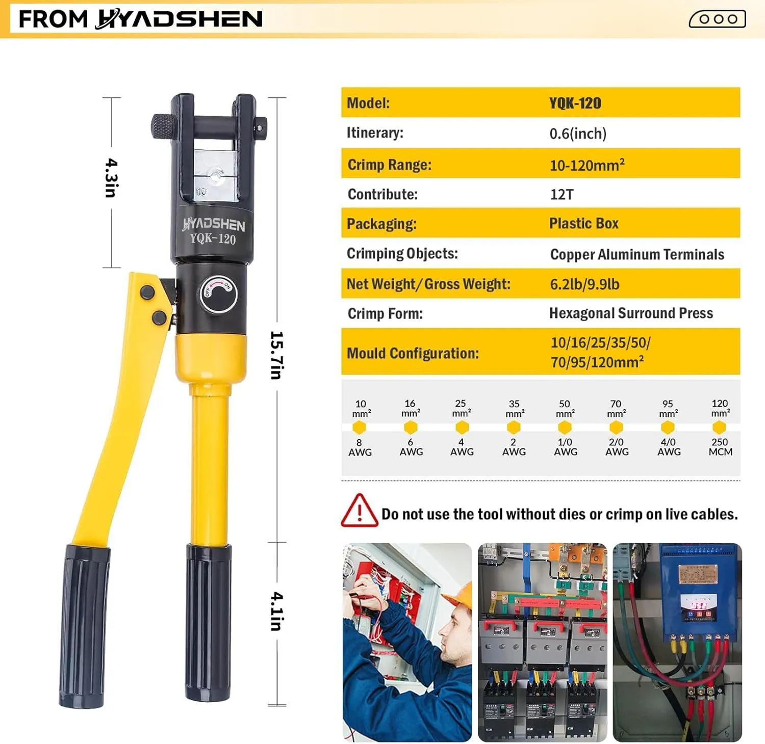 Hydraulic Crimping Tool, 12 Ton, 8 AWG-250 MCM, Cable Crimping Tool Kit, Hand Operated, With 8 Dies, Durable Plastic Case