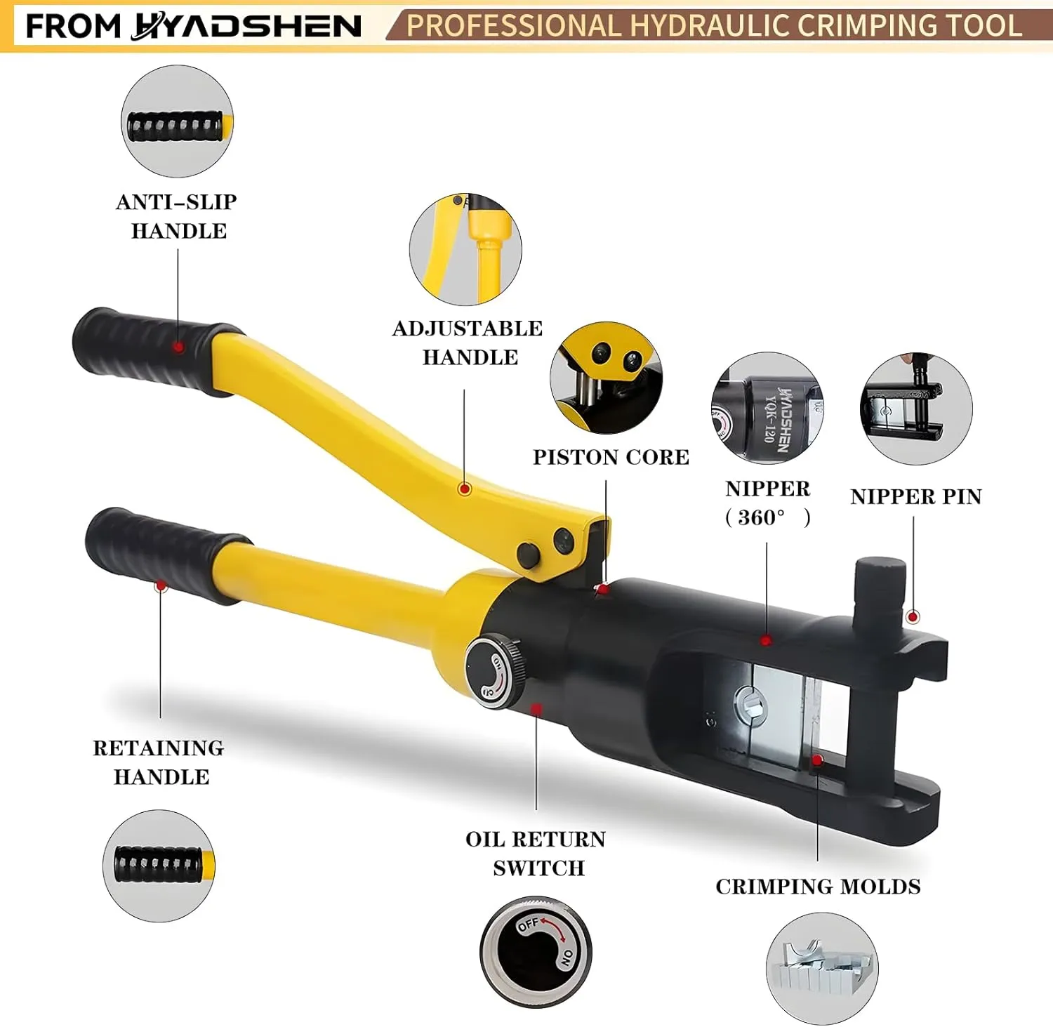 Hydraulic Crimping Tool, 12 Ton, 8 AWG-250 MCM, Cable Crimping Tool Kit, Hand Operated, With 8 Dies, Durable Plastic Case