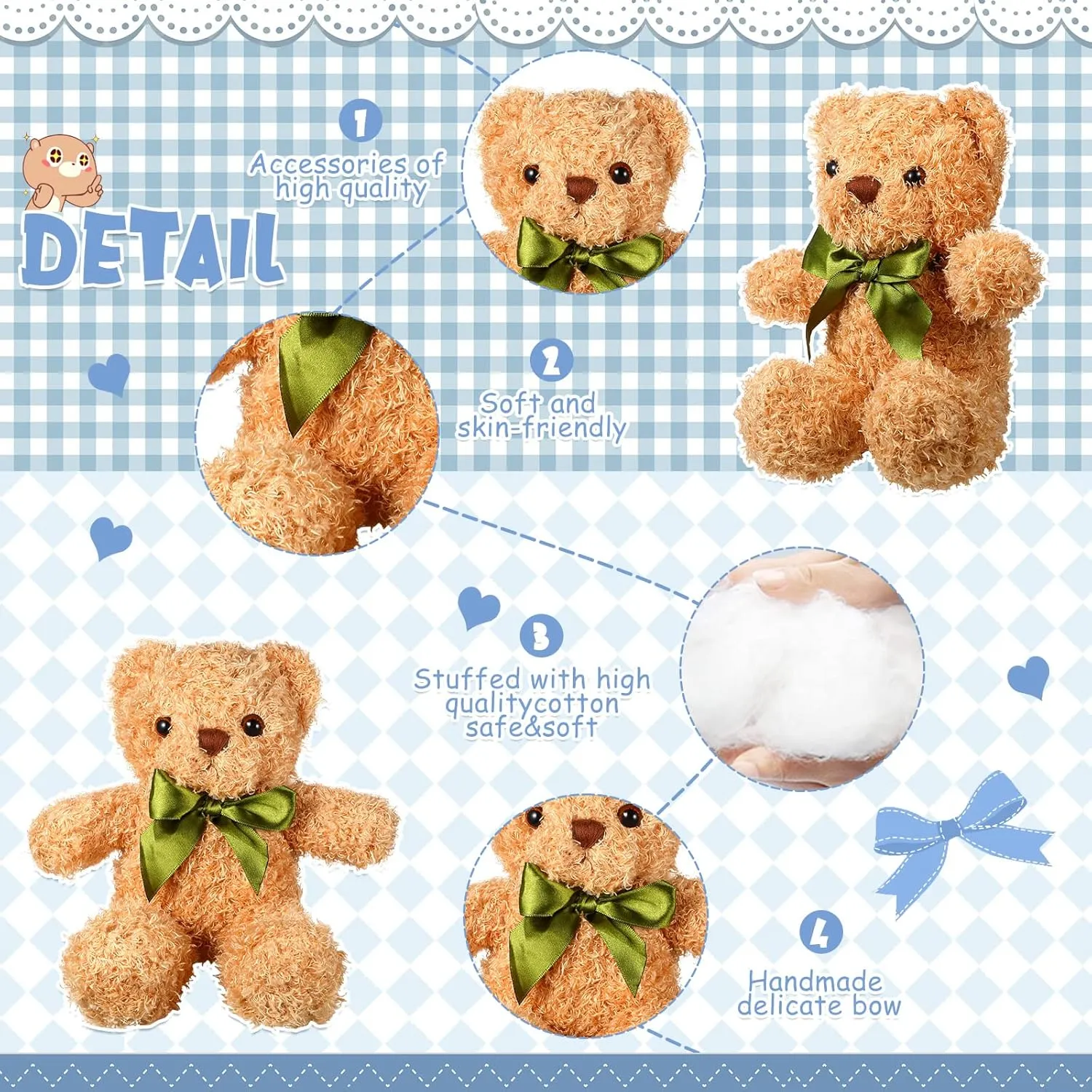 HyDren 15 Pieces Plush Stuffed Bears 10 Inch Cute Soft Stuffed Animal Bear Toy with Bow Tie for Graduation Baby Shower Birthday Party Gift Favors(Light Brown)