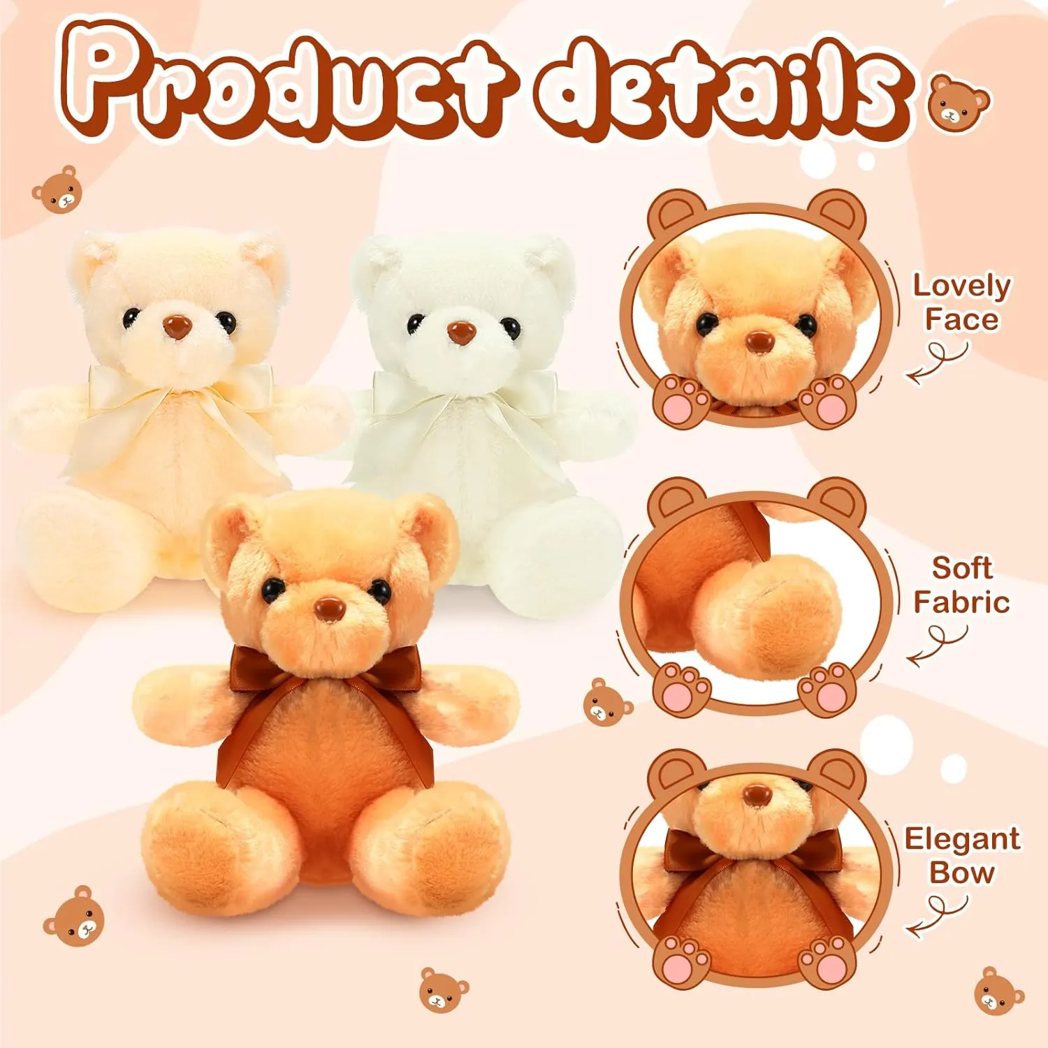 HyDren 6 Pcs Bear Stuffed Animal Plush Toys Soft Plush Dolls Bear Sleeping and Playing Toys for Baby Shower Decoration Boy(Short Plush,Dark Brown, Brown, Beige)
