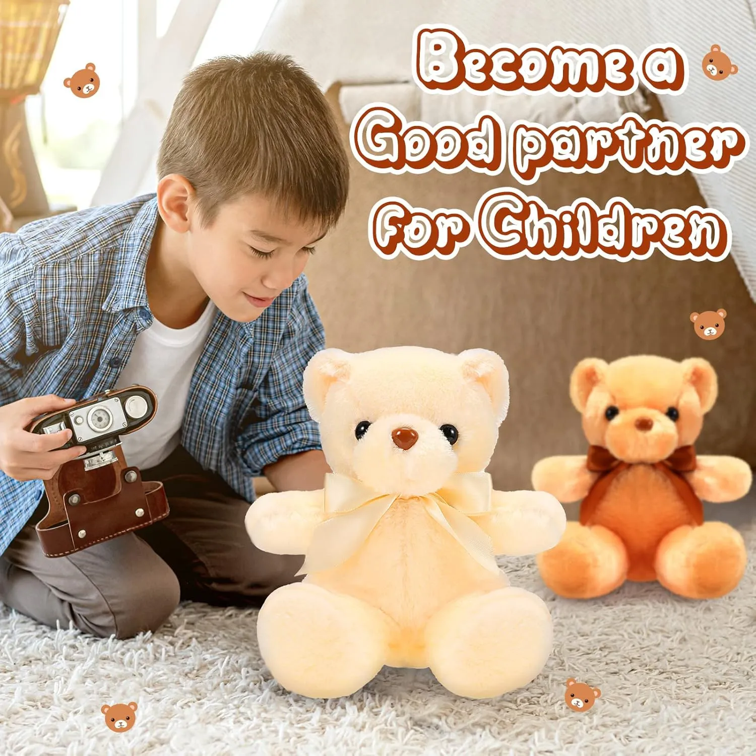 HyDren 6 Pcs Bear Stuffed Animal Plush Toys Soft Plush Dolls Bear Sleeping and Playing Toys for Baby Shower Decoration Boy(Short Plush,Dark Brown, Brown, Beige)