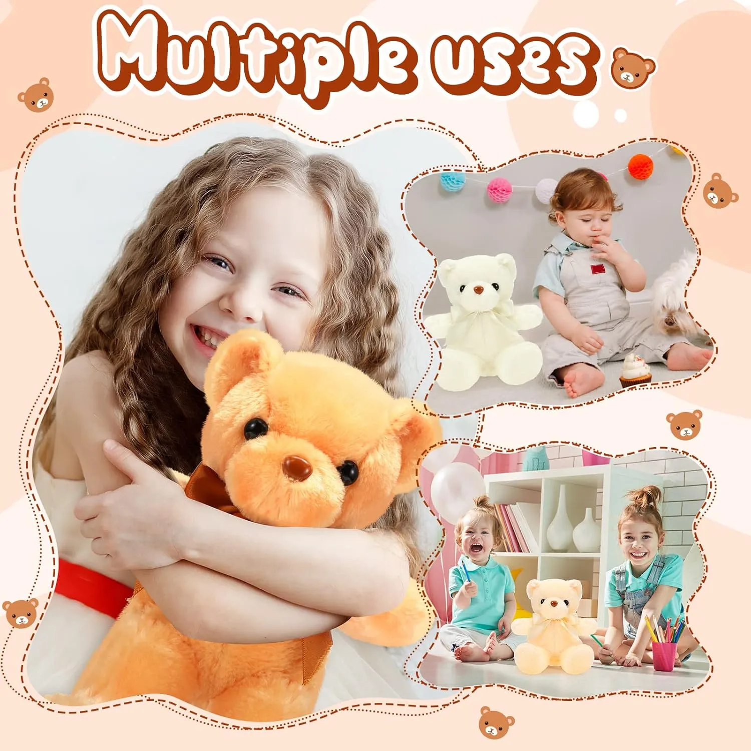 HyDren 6 Pcs Bear Stuffed Animal Plush Toys Soft Plush Dolls Bear Sleeping and Playing Toys for Baby Shower Decoration Boy(Short Plush,Dark Brown, Brown, Beige)