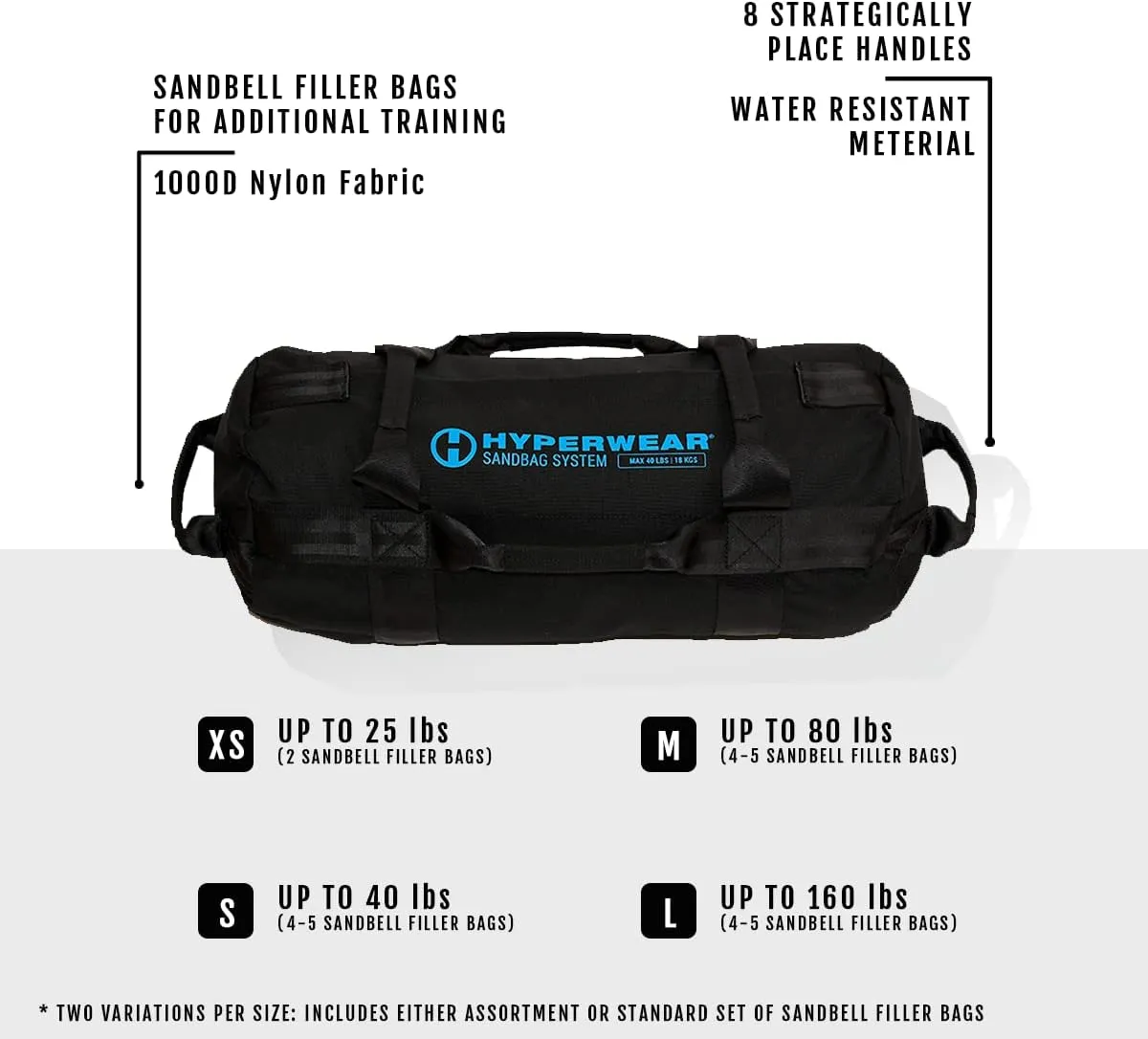 HYPERWEAR Adjustable Sandbag System, Heavy-Duty with Handles & Pre-Filled SandBell Filler Sandbags (25, 40, 80, 160 lbs)