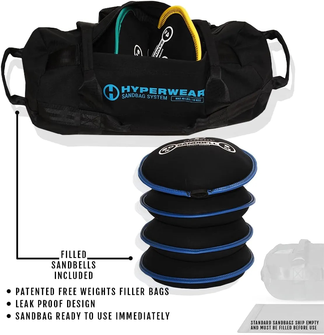 HYPERWEAR Adjustable Sandbag System, Heavy-Duty with Handles & Pre-Filled SandBell Filler Sandbags (25, 40, 80, 160 lbs)