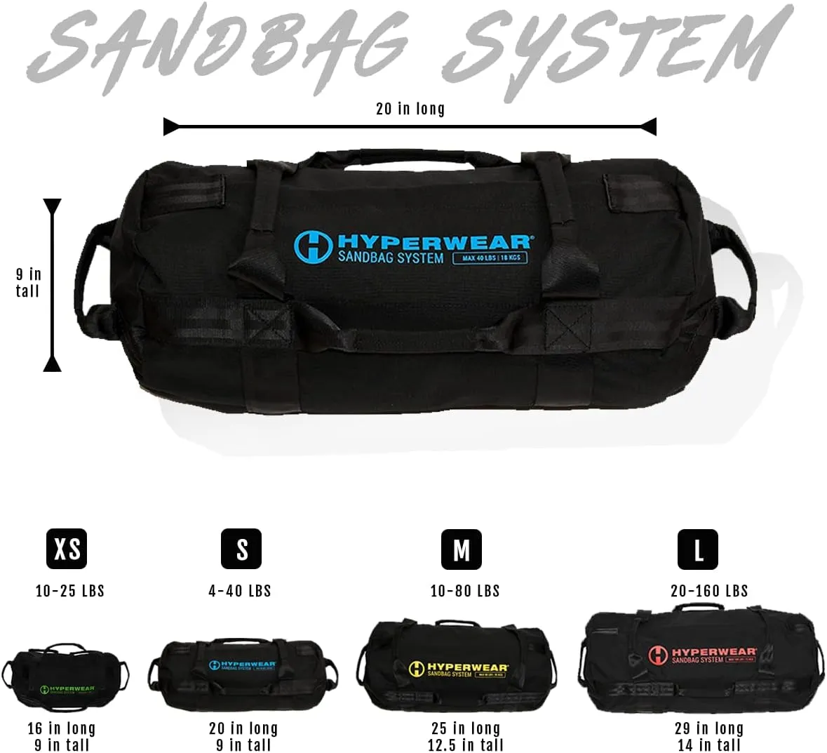 HYPERWEAR Adjustable Sandbag System, Heavy-Duty with Handles & Pre-Filled SandBell Filler Sandbags (25, 40, 80, 160 lbs)