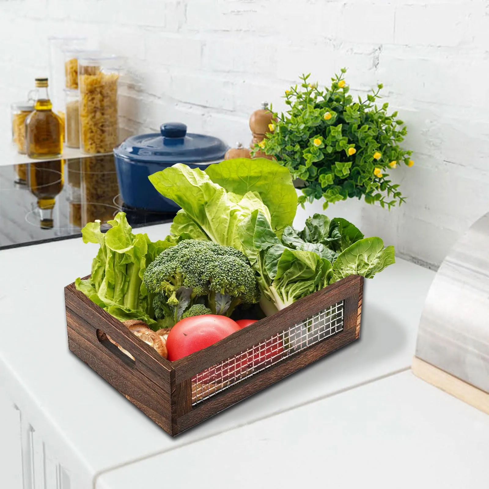 Hyuetrsa Rustic Countertop Nesting Basket with Handle Wooden Countertop Baskets Set for Countertop, Fruit, Veggies, Kitchen,Gift Basket Small Decorative Wood Wire Containers with Handle Set of 2