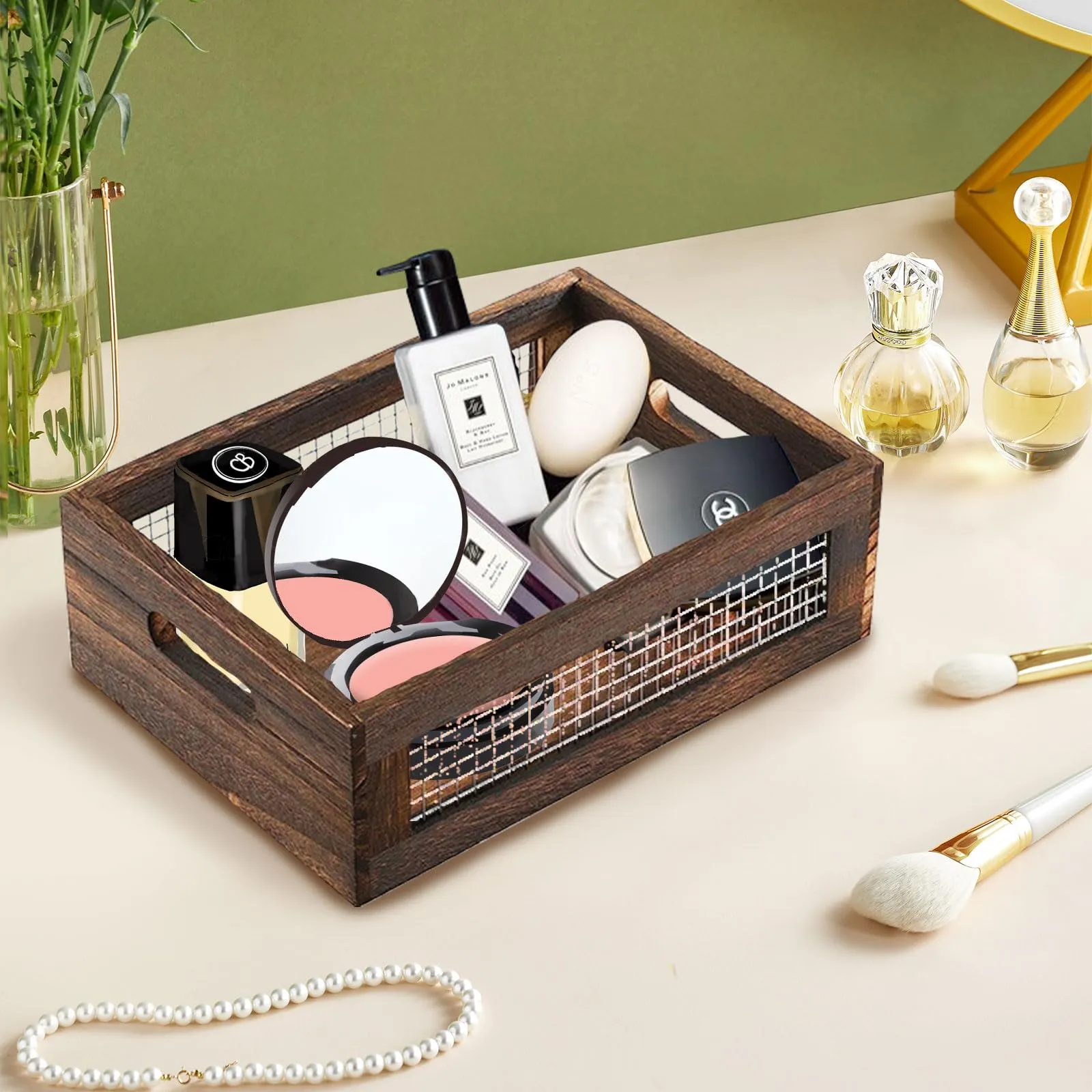 Hyuetrsa Rustic Countertop Nesting Basket with Handle Wooden Countertop Baskets Set for Countertop, Fruit, Veggies, Kitchen,Gift Basket Small Decorative Wood Wire Containers with Handle Set of 2