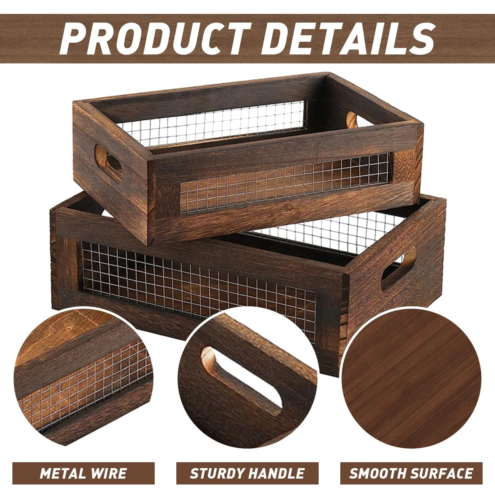 Hyuetrsa Rustic Countertop Nesting Basket with Handle Wooden Countertop Baskets Set for Countertop, Fruit, Veggies, Kitchen,Gift Basket Small Decorative Wood Wire Containers with Handle Set of 2
