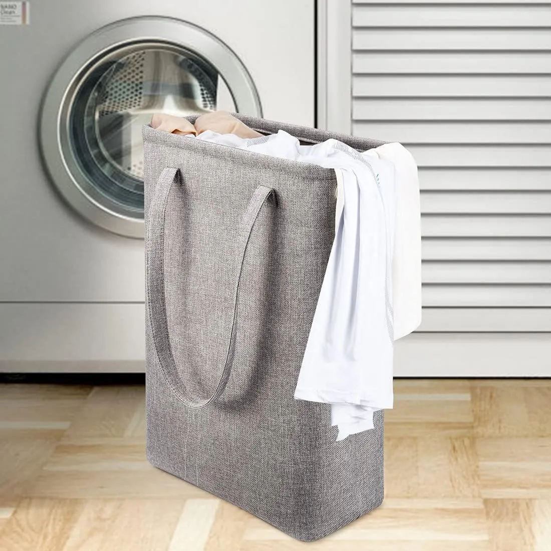 i BKGOO Laundry Basket with Handles Grey Coffee-Slim Laundry Bin Collapsible Dirty Clothes Basket Narrow Laundry Bag Foldable Dirty Hamper for Camping, Dorms, Apartments