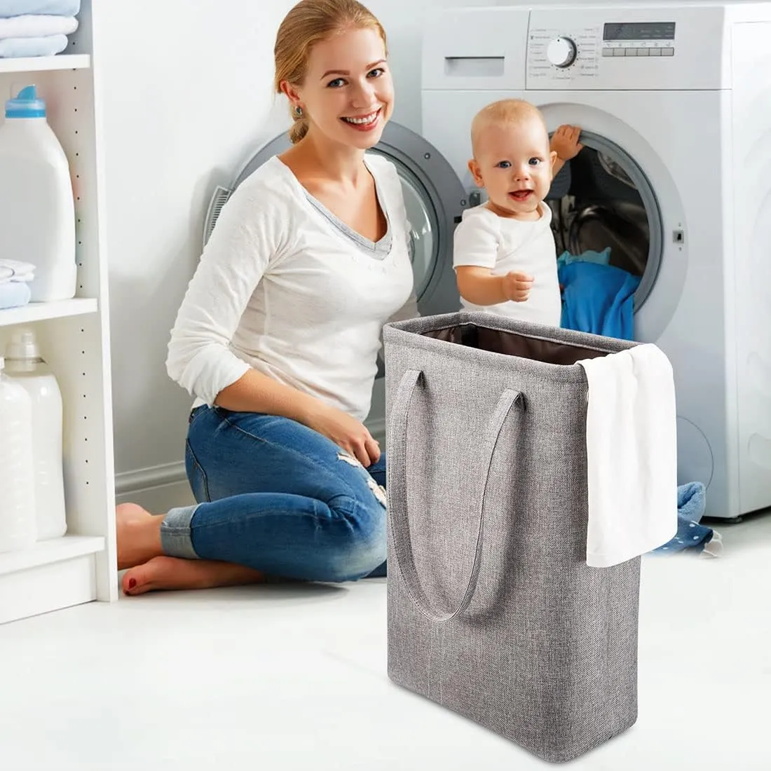 i BKGOO Laundry Basket with Handles Grey Coffee-Slim Laundry Bin Collapsible Dirty Clothes Basket Narrow Laundry Bag Foldable Dirty Hamper for Camping, Dorms, Apartments