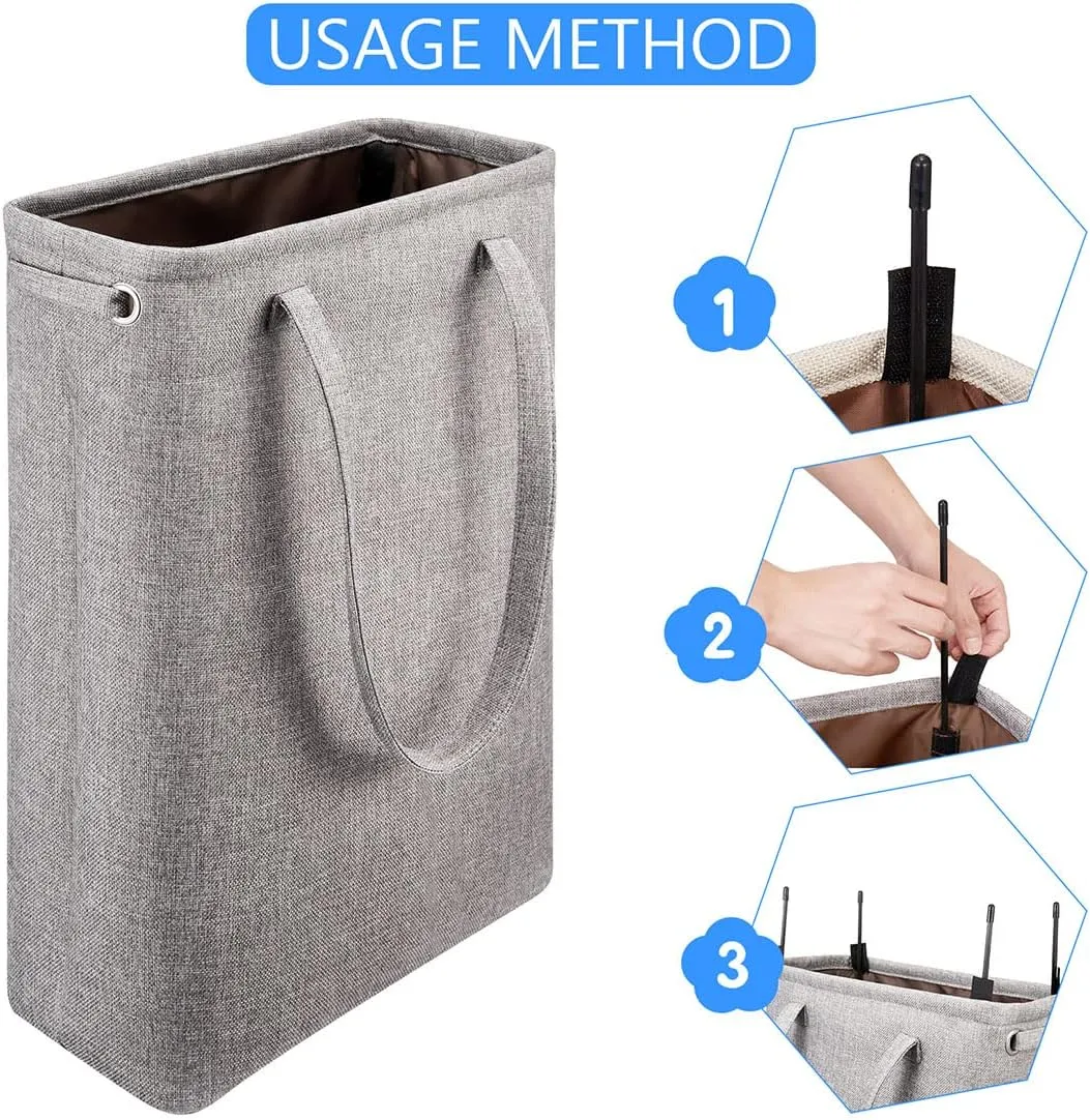 i BKGOO Laundry Basket with Handles Grey Coffee-Slim Laundry Bin Collapsible Dirty Clothes Basket Narrow Laundry Bag Foldable Dirty Hamper for Camping, Dorms, Apartments