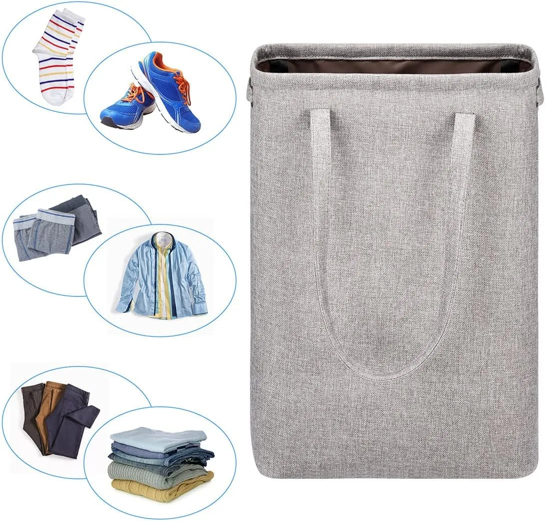 i BKGOO Laundry Basket with Handles Grey Coffee-Slim Laundry Bin Collapsible Dirty Clothes Basket Narrow Laundry Bag Foldable Dirty Hamper for Camping, Dorms, Apartments