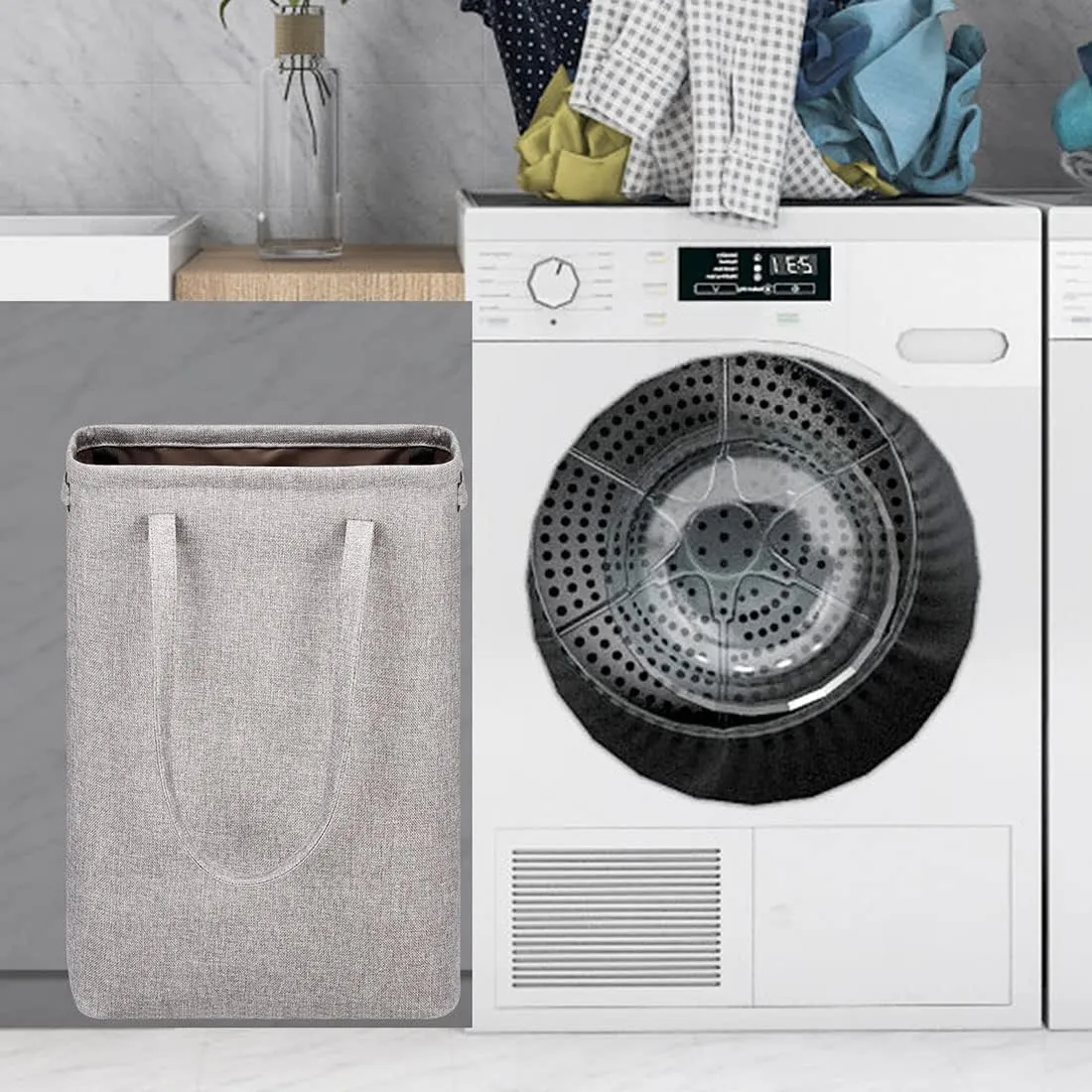 i BKGOO Laundry Basket with Handles Grey Coffee-Slim Laundry Bin Collapsible Dirty Clothes Basket Narrow Laundry Bag Foldable Dirty Hamper for Camping, Dorms, Apartments