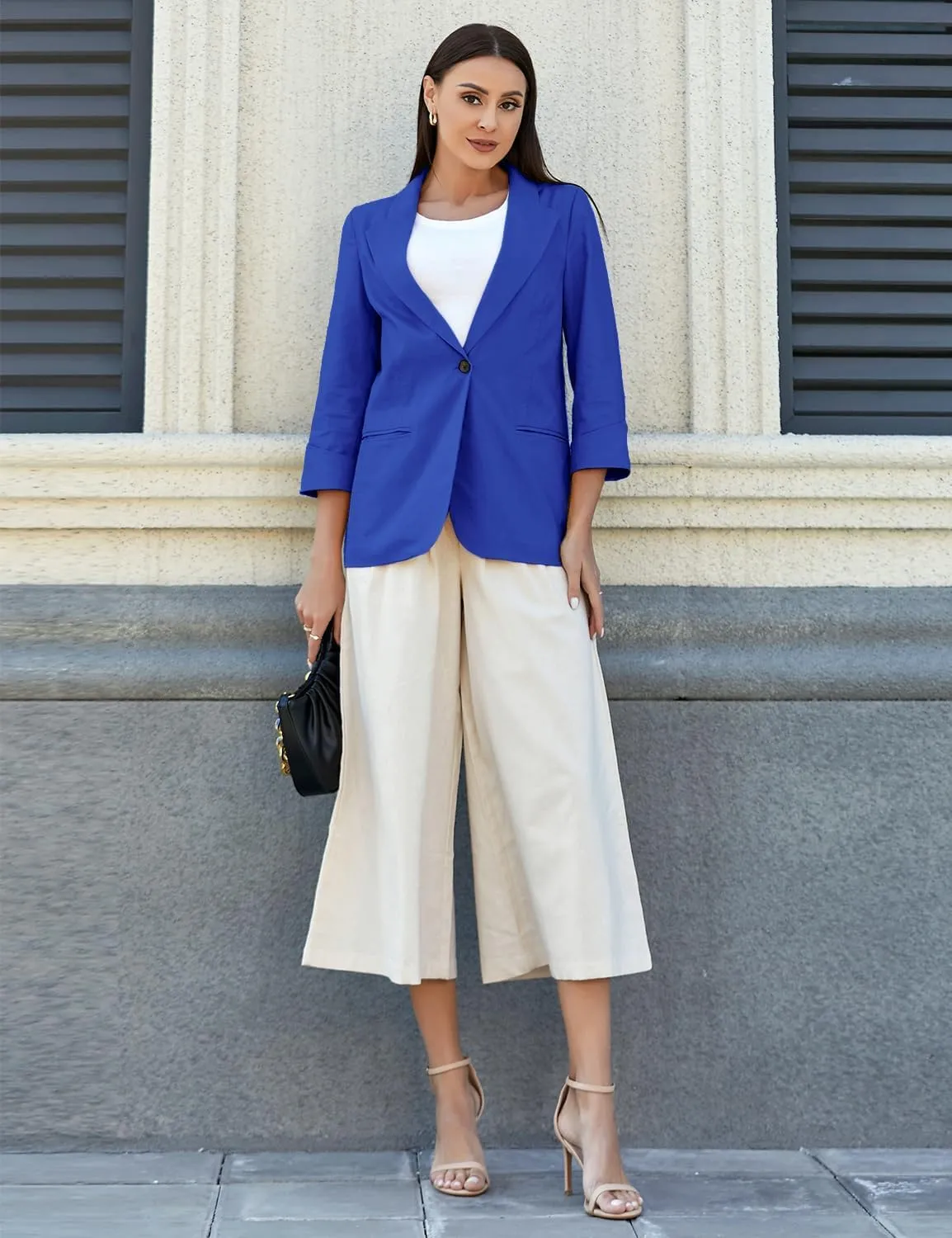 IDEALSANXUN Linen Blazer Women 3/4 Sleeve Lightweight Spring Summer Blazer Jackets