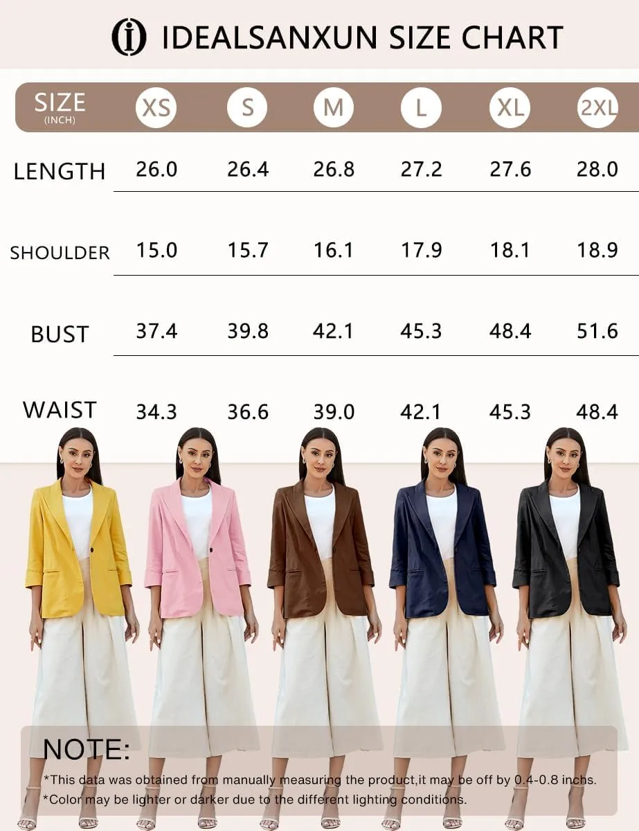 IDEALSANXUN Linen Blazer Women 3/4 Sleeve Lightweight Spring Summer Blazer Jackets