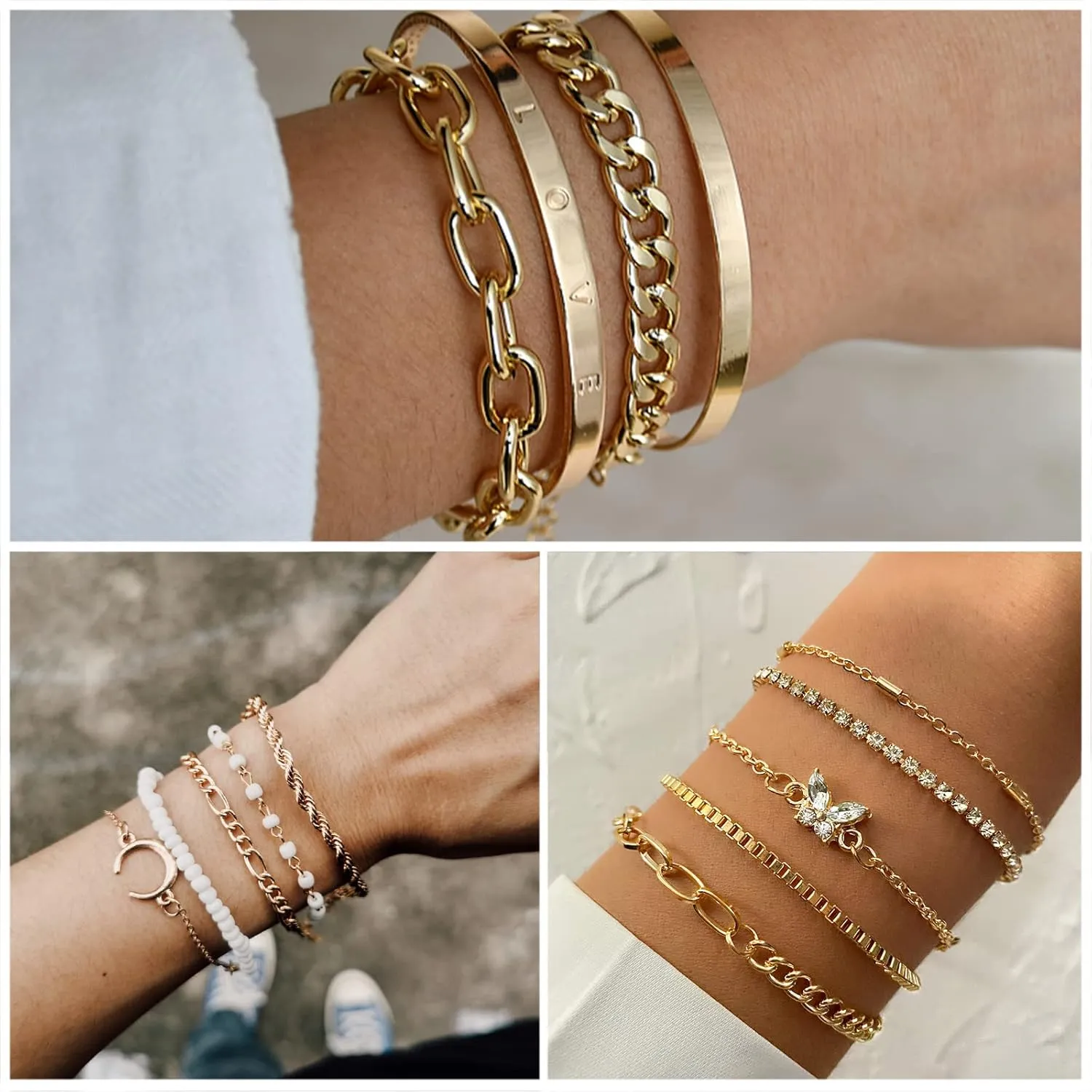 IFKM 36 PC Gold Plated Jewelry Set with 4 Necklace, 11 Bracelet, 7 Ear Cuffs Earring, 14 Knuckle Rings for Women Girls Valentine Anniversary Birthday Friendship Gift