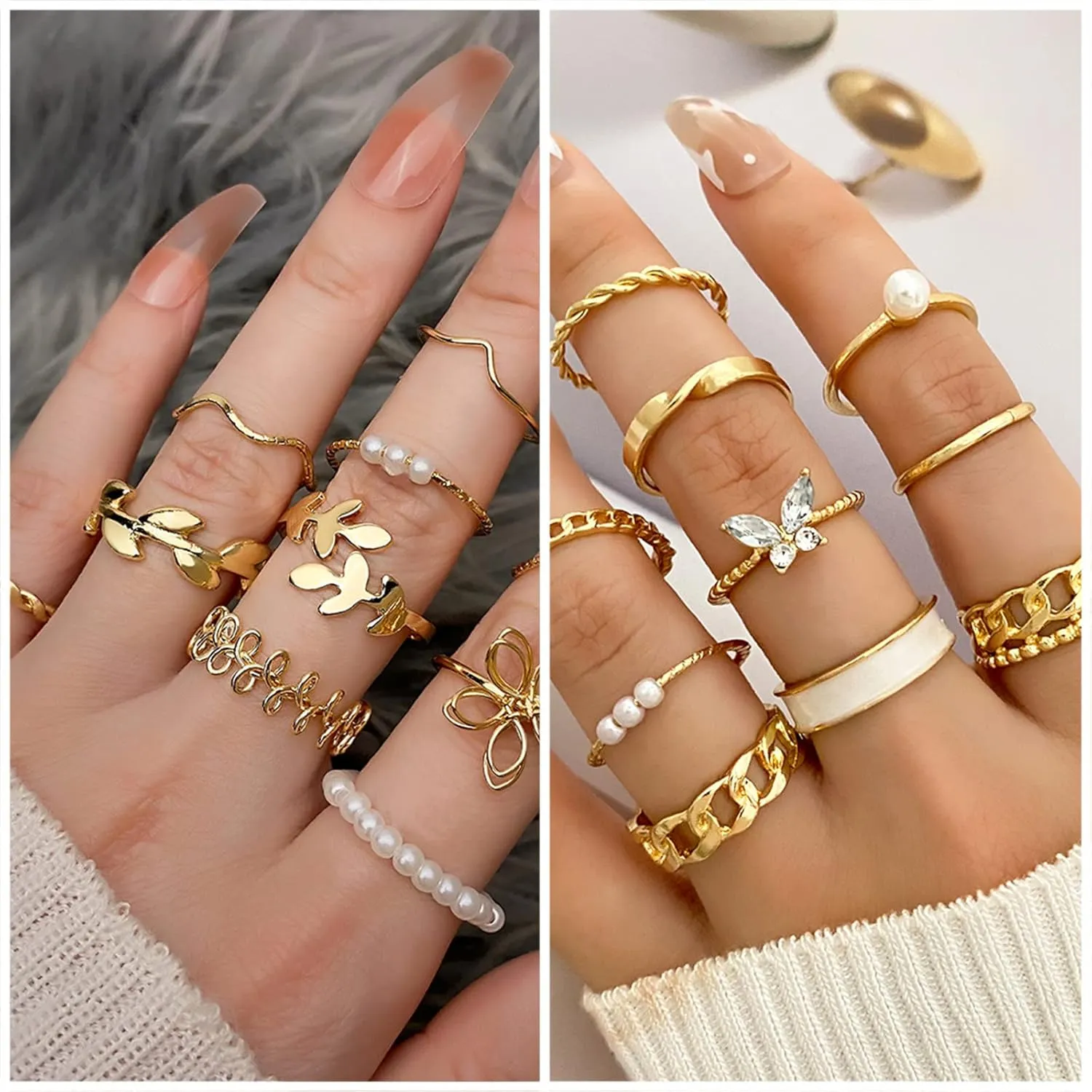 IFKM 36 PC Gold Plated Jewelry Set with 4 Necklace, 11 Bracelet, 7 Ear Cuffs Earring, 14 Knuckle Rings for Women Girls Valentine Anniversary Birthday Friendship Gift