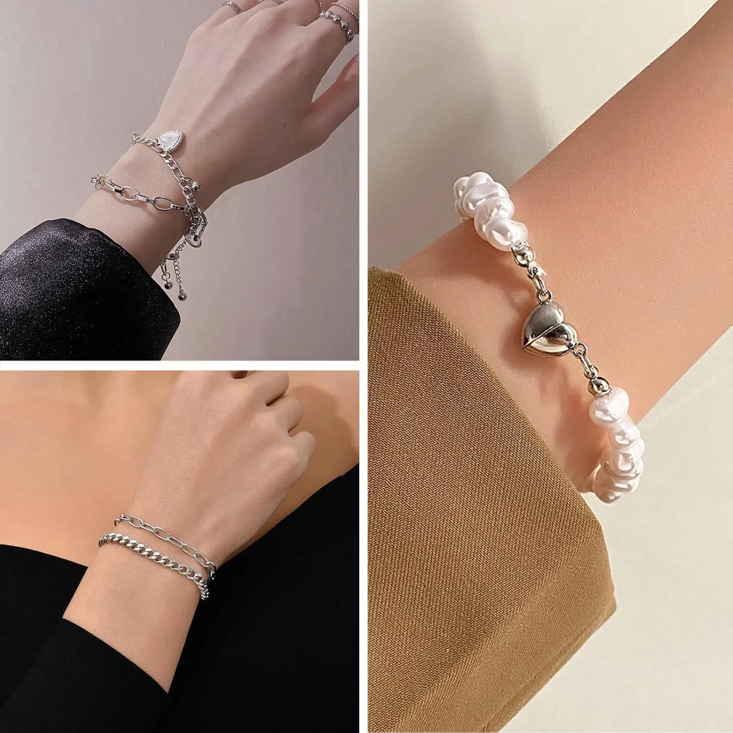 IFKM 36 PC Silver Plated Jewelry Set With 3 Necklace, 12 Bracelet, 7 Ear Cuffs Earring, 14 Knuckle Rings For Women Girls Valentine Anniversary Birthday Friendship Gift