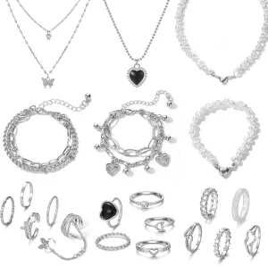 IFKM 36 PC Silver Plated Jewelry Set With 3 Necklace, 12 Bracelet, 7 Ear Cuffs Earring, 14 Knuckle Rings For Women Girls Valentine Anniversary Birthday Friendship Gift