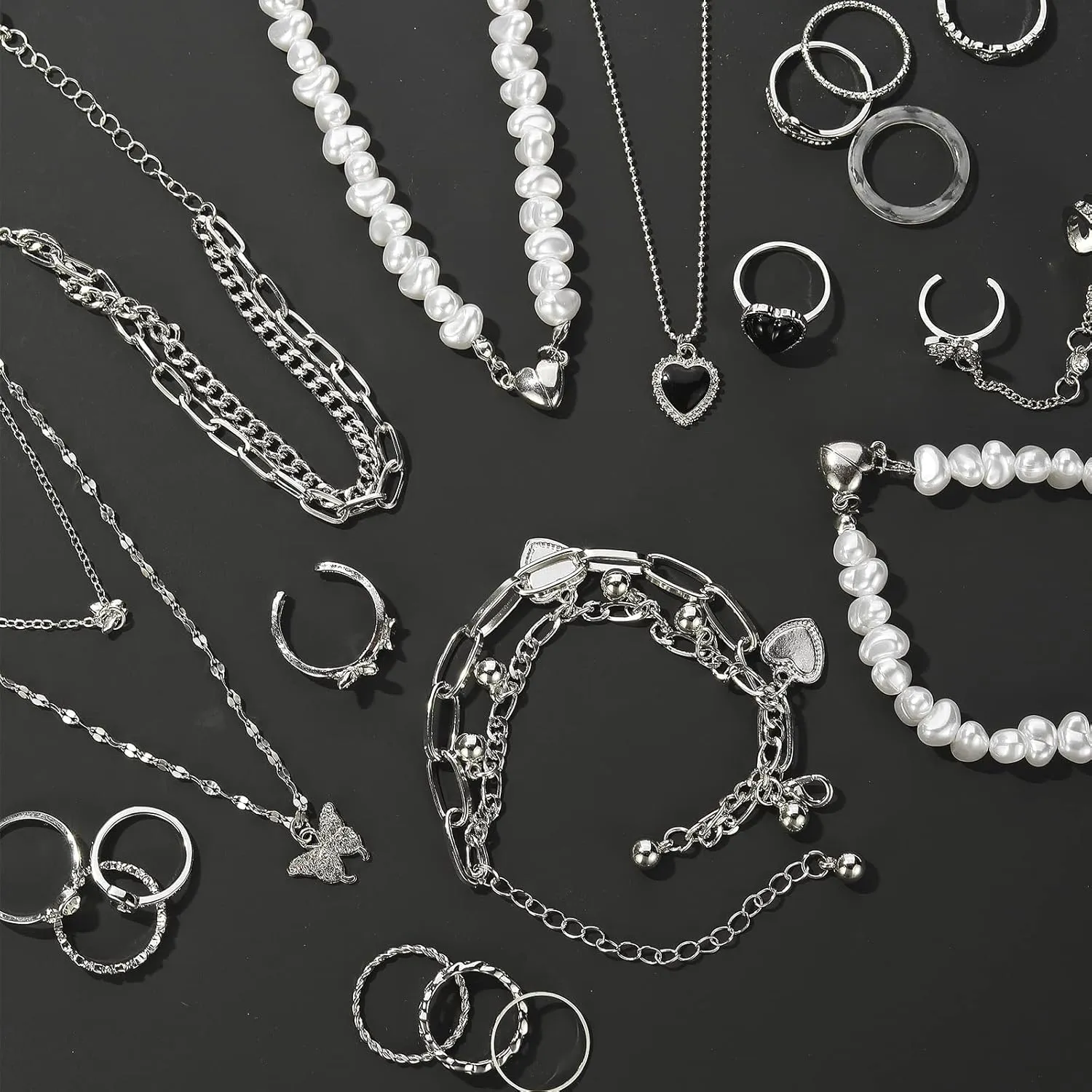 IFKM 36 PC Silver Plated Jewelry Set With 3 Necklace, 12 Bracelet, 7 Ear Cuffs Earring, 14 Knuckle Rings For Women Girls Valentine Anniversary Birthday Friendship Gift