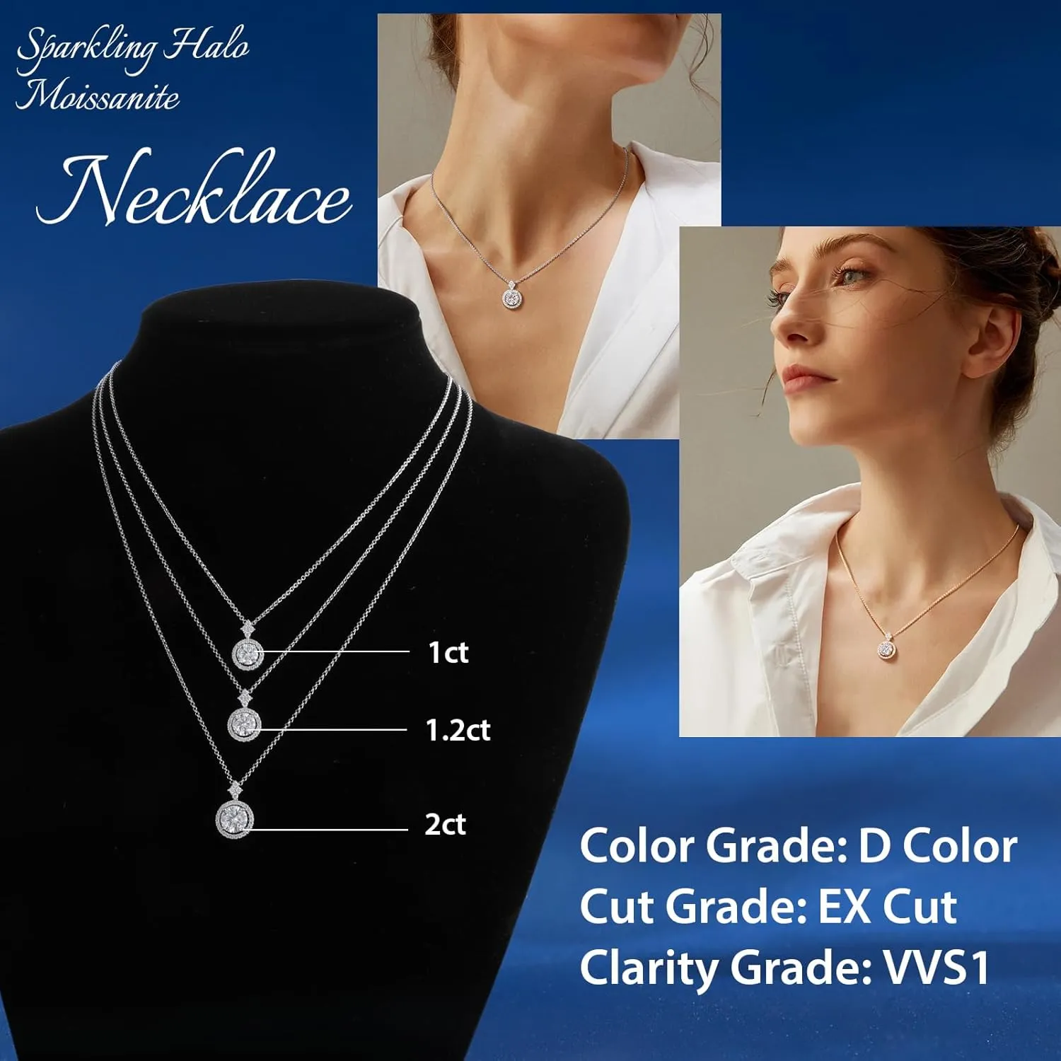 Imitation Diamond 18K Gold Vermeil Necklace for Women, Halo Moissanite Charm Necklace with Non Tarnish Sterling Silver 18" Chain   2" Extender, Dainty Jewelry Gifts