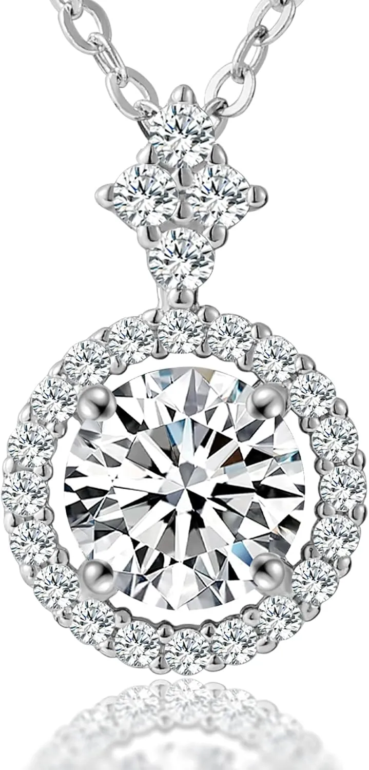 Imitation Diamond 18K Gold Vermeil Necklace for Women, Halo Moissanite Charm Necklace with Non Tarnish Sterling Silver 18" Chain   2" Extender, Dainty Jewelry Gifts