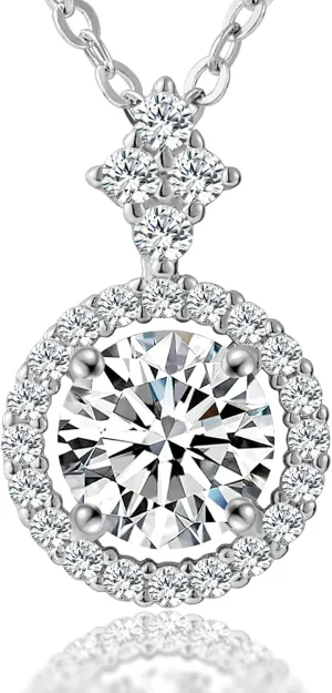 Imitation Diamond 18K Gold Vermeil Necklace for Women, Halo Moissanite Charm Necklace with Non Tarnish Sterling Silver 18" Chain   2" Extender, Dainty Jewelry Gifts