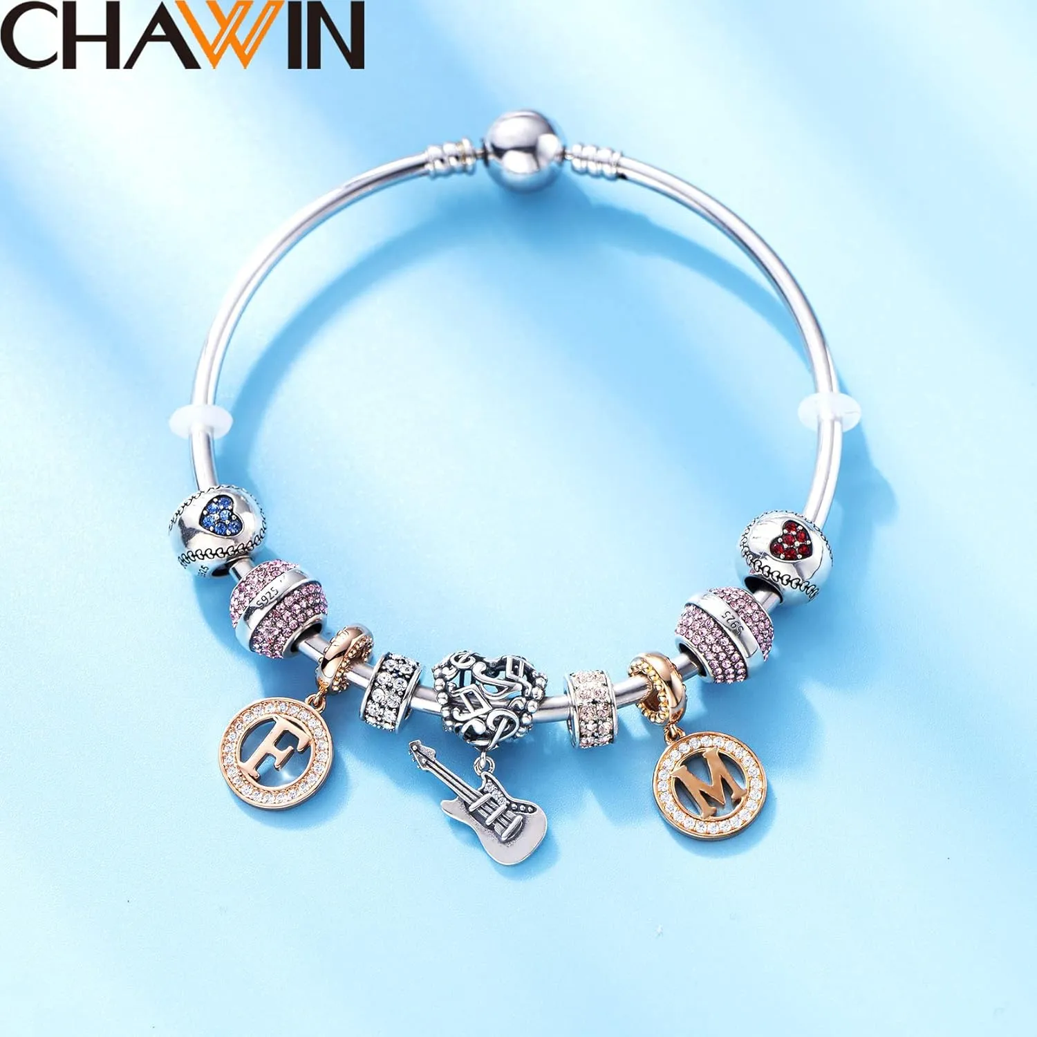 Initial A-Z Letter Charm Bead, Alphabet Charms Rose Gold, Authentic 925 Sterling Silver Charms fit Pandora Charm Bracelets, Necklace, Circle Dangle Charm for Women, Sparkling Clear Stone