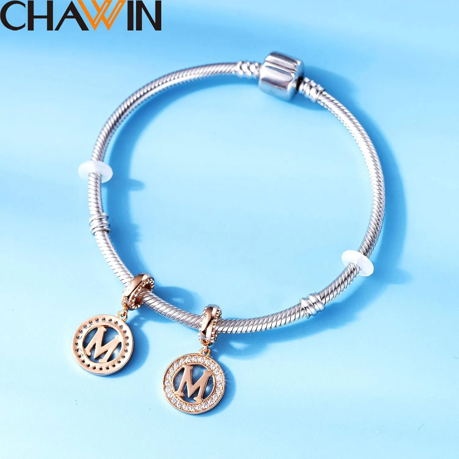 Initial A-Z Letter Charm Bead, Alphabet Charms Rose Gold, Authentic 925 Sterling Silver Charms fit Pandora Charm Bracelets, Necklace, Circle Dangle Charm for Women, Sparkling Clear Stone