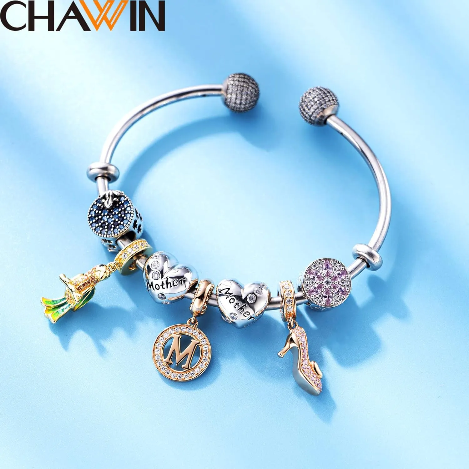 Initial A-Z Letter Charm Bead, Alphabet Charms Rose Gold, Authentic 925 Sterling Silver Charms fit Pandora Charm Bracelets, Necklace, Circle Dangle Charm for Women, Sparkling Clear Stone