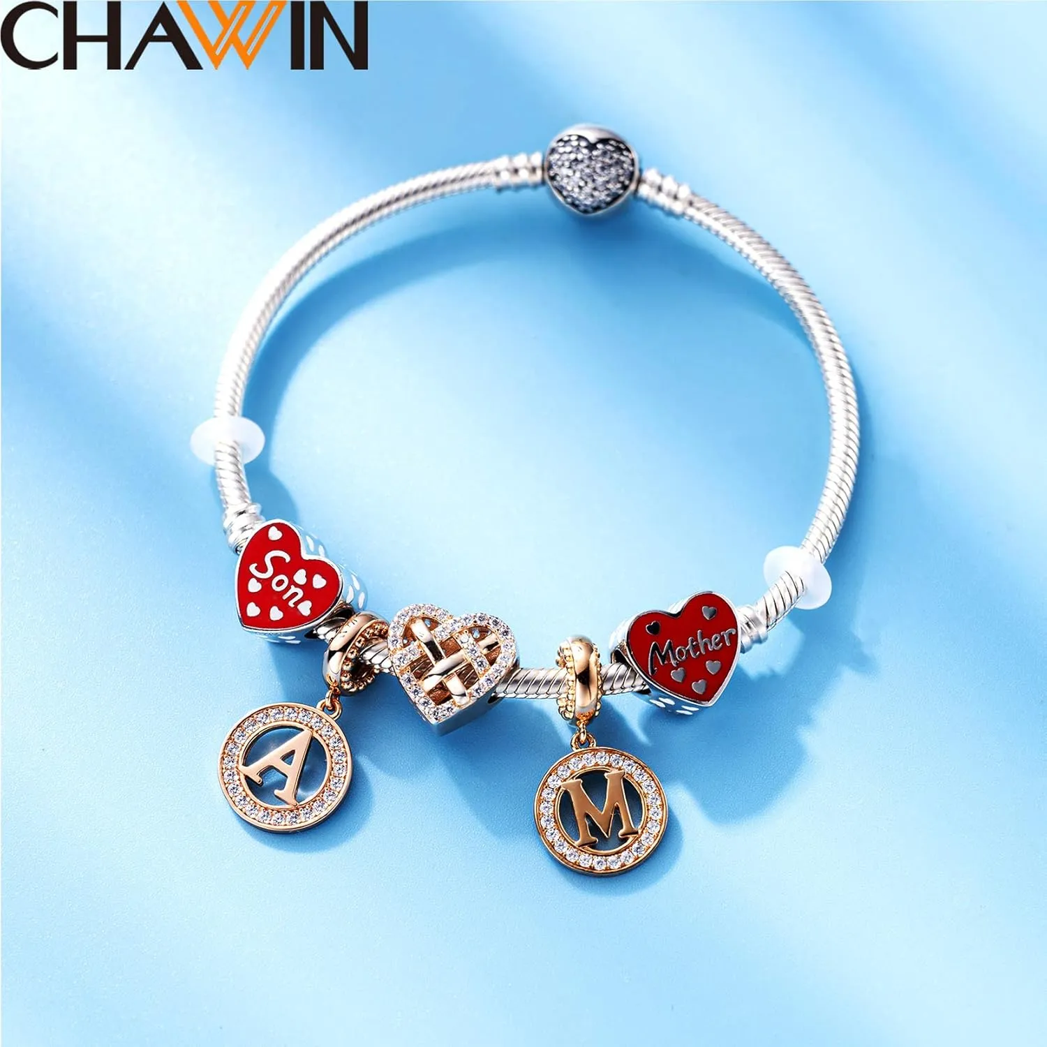 Initial A-Z Letter Charm Bead, Alphabet Charms Rose Gold, Authentic 925 Sterling Silver Charms fit Pandora Charm Bracelets, Necklace, Circle Dangle Charm for Women, Sparkling Clear Stone