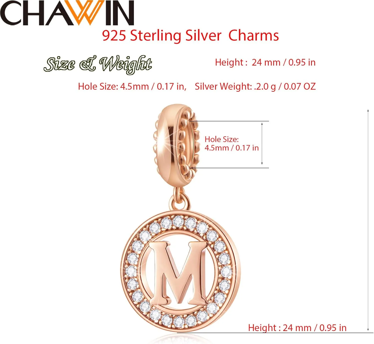 Initial A-Z Letter Charm Bead, Alphabet Charms Rose Gold, Authentic 925 Sterling Silver Charms fit Pandora Charm Bracelets, Necklace, Circle Dangle Charm for Women, Sparkling Clear Stone