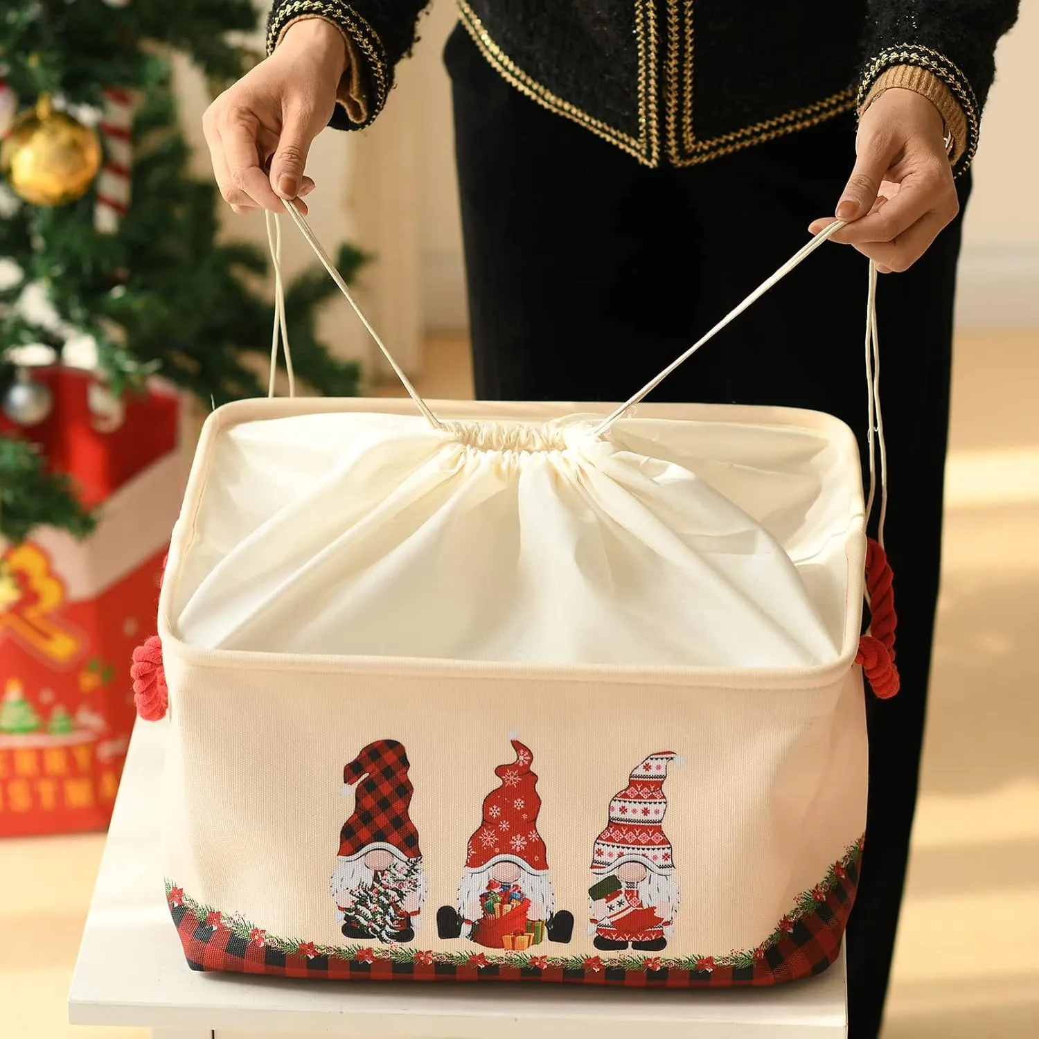 INough Christmas Baskets for Gifts Empty, Christmas Gnomes Basket for Kids Large Gifts Bags for Holiday Ornaments Collapsible Storage Bins with Drawstring for Kidsroom (Large, Three Midgets)