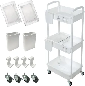Inspired Living 3-Tier Plastic Rolling Utility Cart with Handle, Lockable Caster Wheels 2 Bins 3 Hanging Baskets & 4 Hooks, Multi-Functional Storage Trolley, for Kitchen, Living Room, Bathroom, White