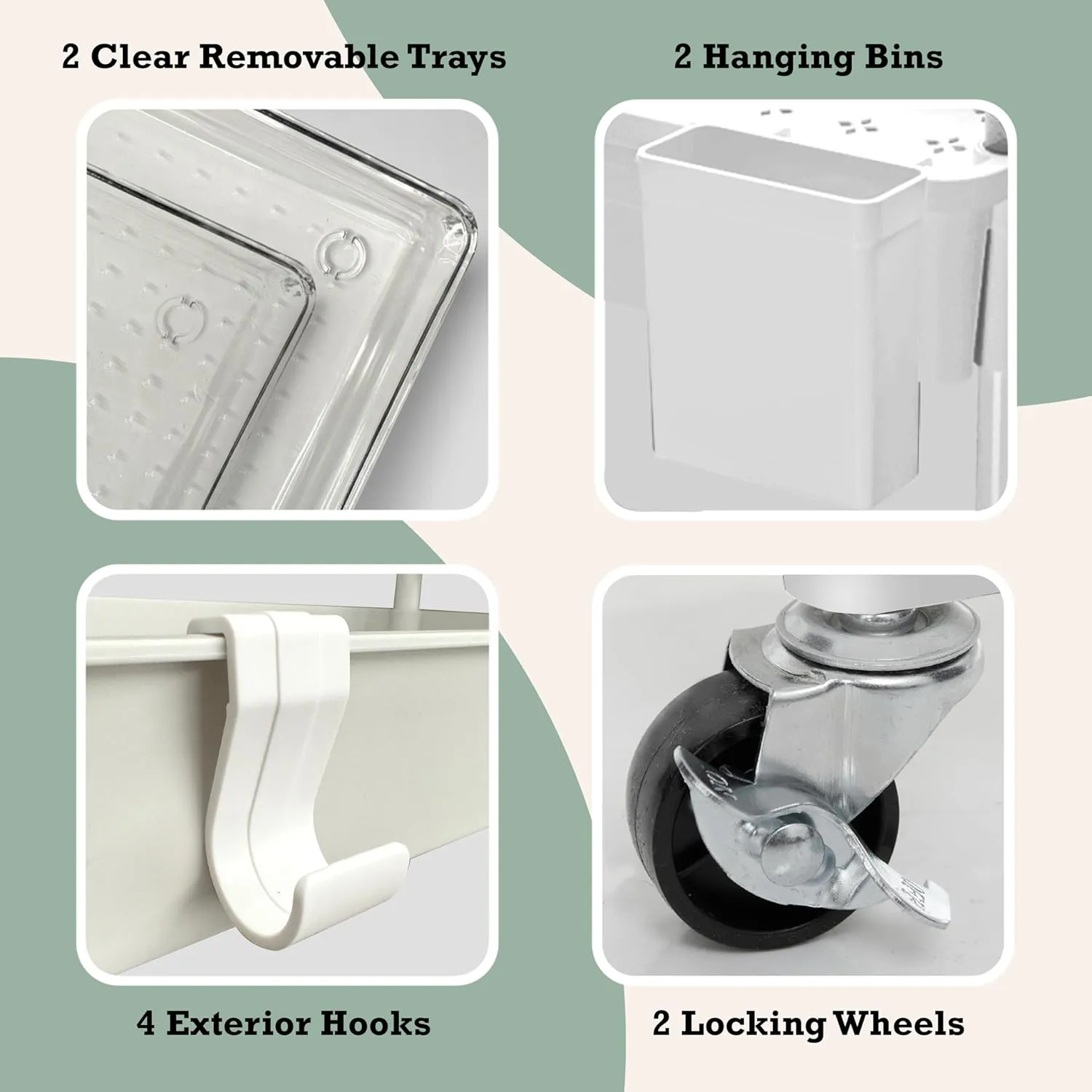 Inspired Living 3-Tier Plastic Rolling Utility Cart with Handle, Lockable Caster Wheels 2 Bins 3 Hanging Baskets & 4 Hooks, Multi-Functional Storage Trolley, for Kitchen, Living Room, Bathroom, White