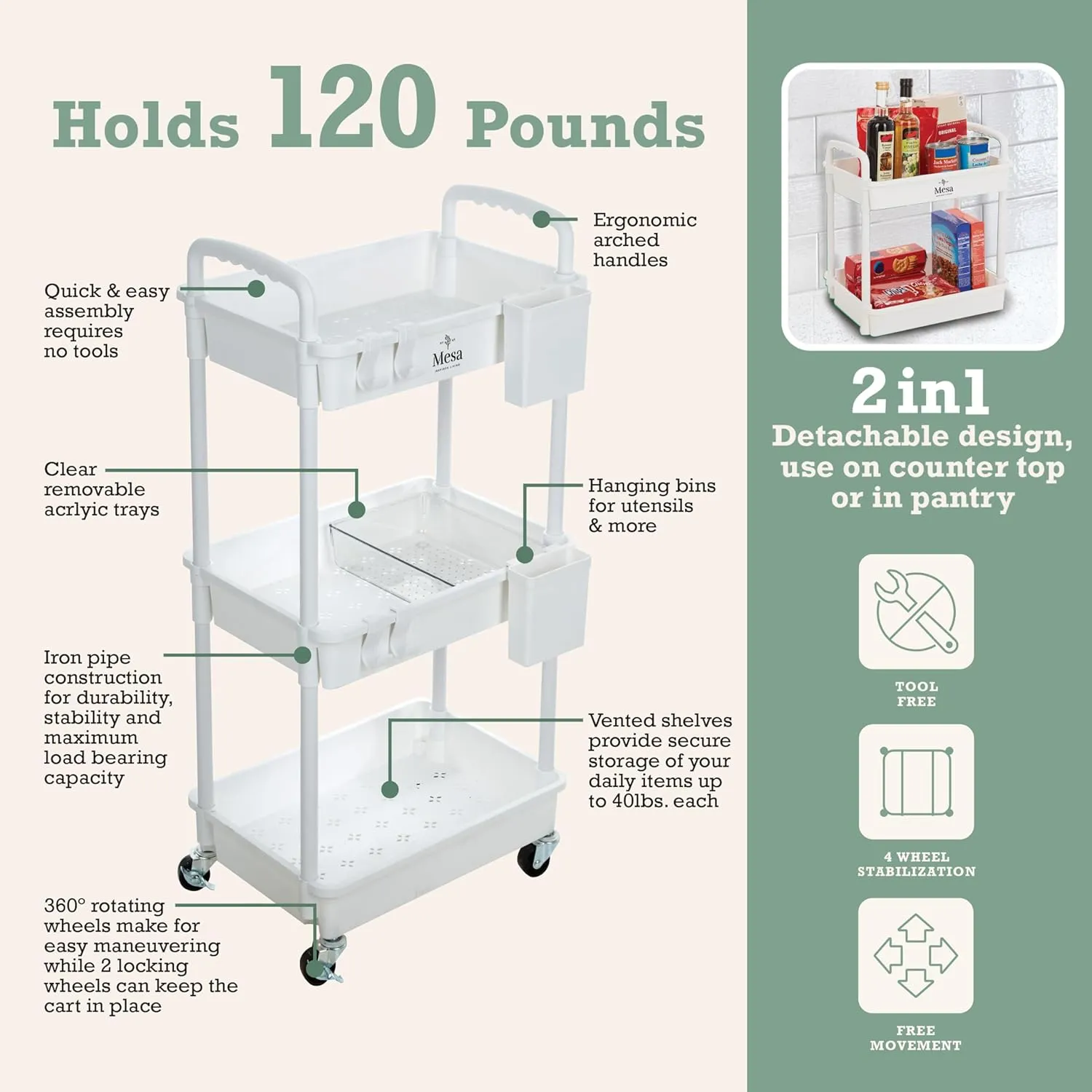Inspired Living 3-Tier Plastic Rolling Utility Cart with Handle, Lockable Caster Wheels 2 Bins 3 Hanging Baskets & 4 Hooks, Multi-Functional Storage Trolley, for Kitchen, Living Room, Bathroom, White