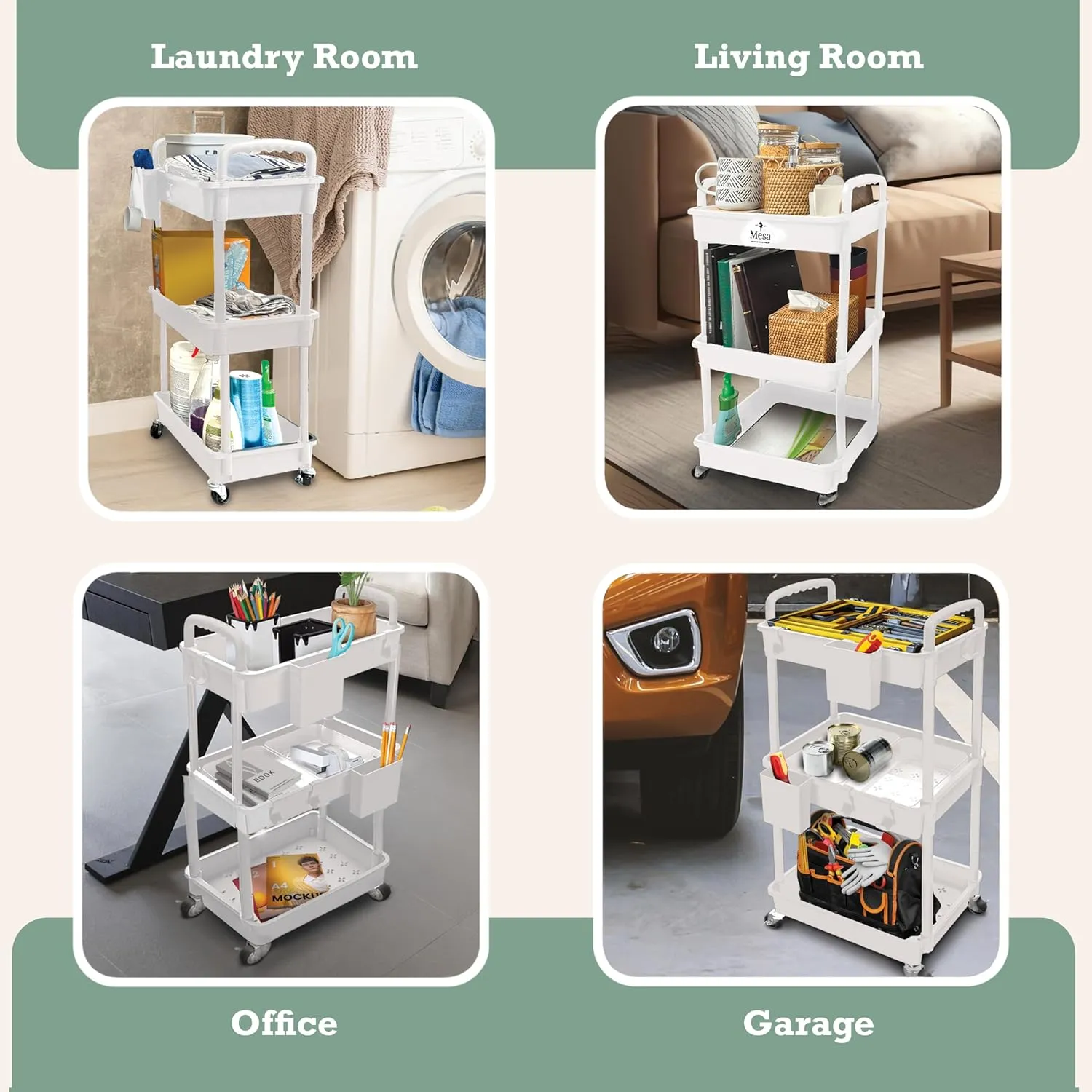 Inspired Living 3-Tier Plastic Rolling Utility Cart with Handle, Lockable Caster Wheels 2 Bins 3 Hanging Baskets & 4 Hooks, Multi-Functional Storage Trolley, for Kitchen, Living Room, Bathroom, White