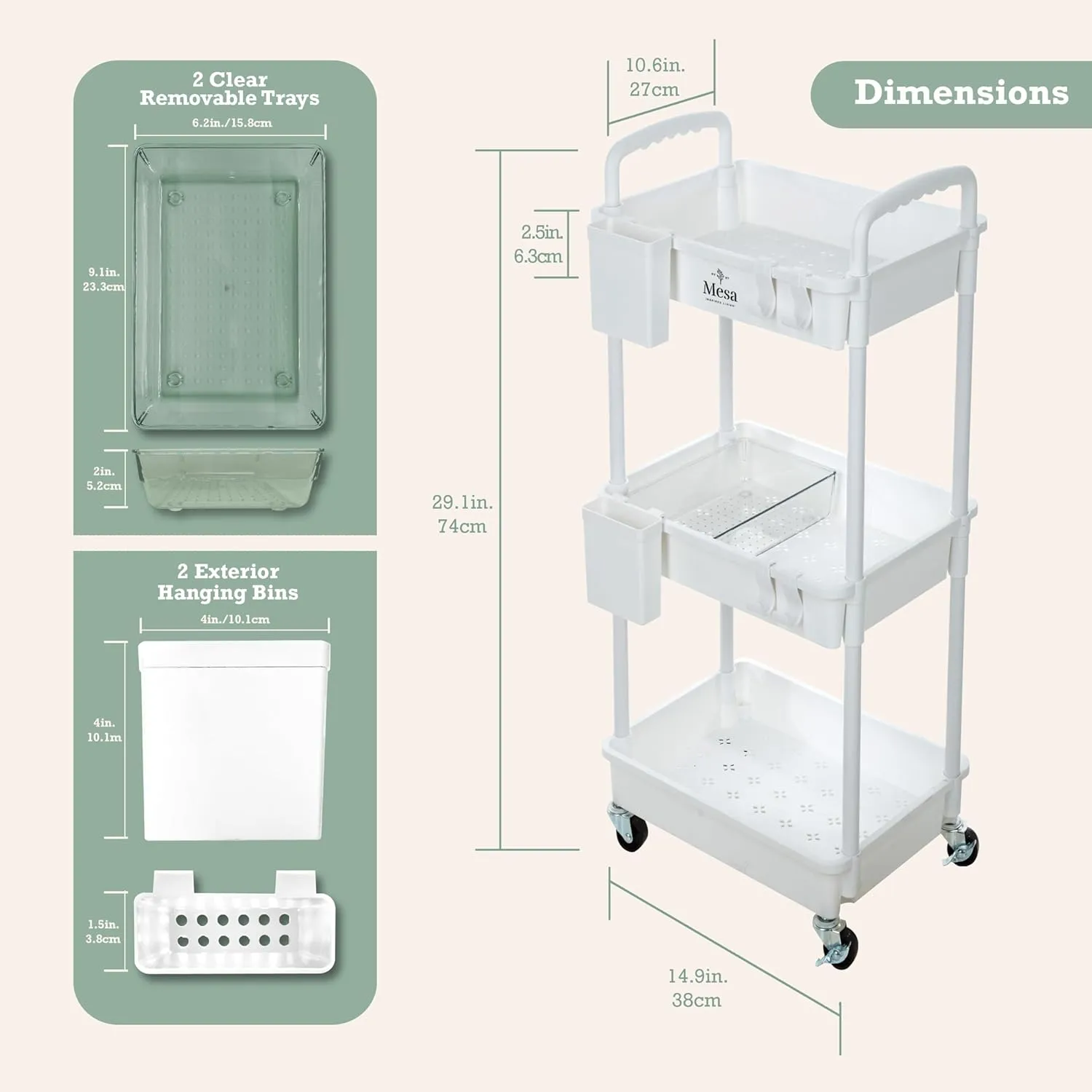 Inspired Living 3-Tier Plastic Rolling Utility Cart with Handle, Lockable Caster Wheels 2 Bins 3 Hanging Baskets & 4 Hooks, Multi-Functional Storage Trolley, for Kitchen, Living Room, Bathroom, White