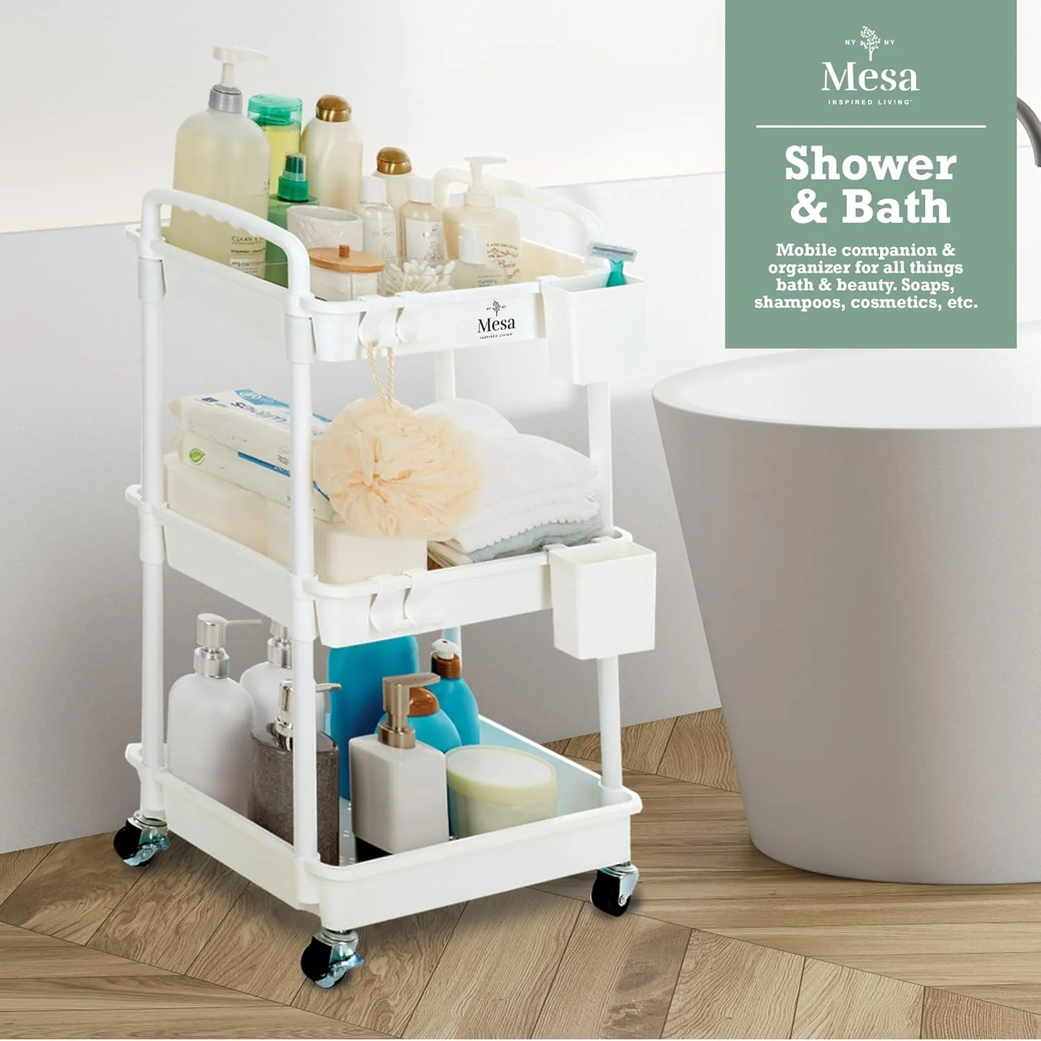 Inspired Living 3-Tier Plastic Rolling Utility Cart with Handle, Lockable Caster Wheels 2 Bins 3 Hanging Baskets & 4 Hooks, Multi-Functional Storage Trolley, for Kitchen, Living Room, Bathroom, White