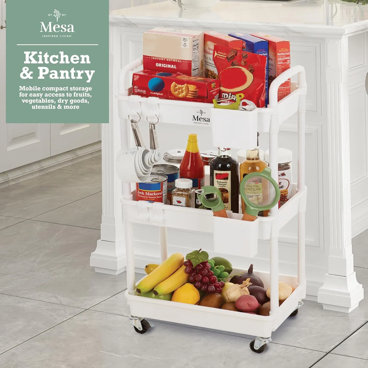 Inspired Living 3-Tier Plastic Rolling Utility Cart with Handle, Lockable Caster Wheels 2 Bins 3 Hanging Baskets & 4 Hooks, Multi-Functional Storage Trolley, for Kitchen, Living Room, Bathroom, White