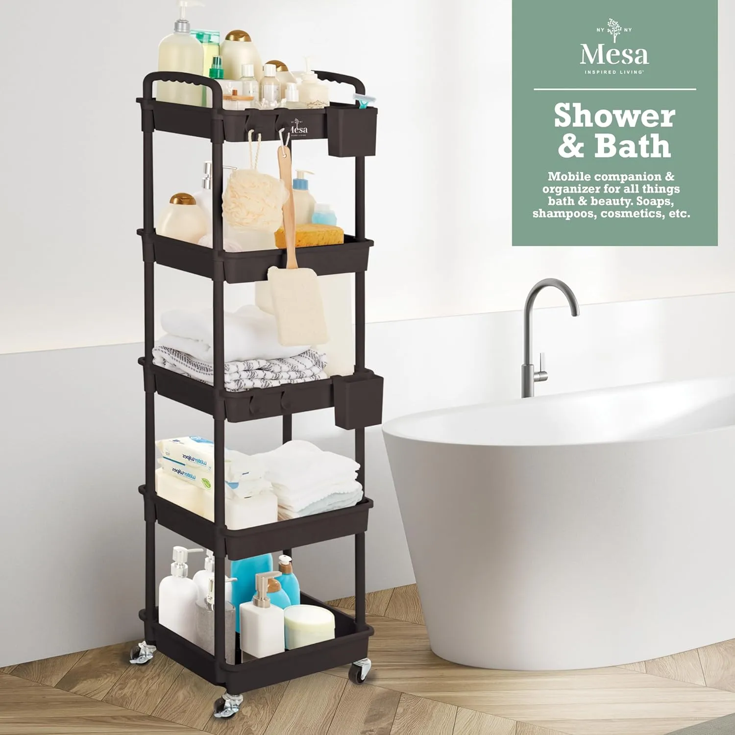 Inspired Living 5-Tier Plastic Rolling Utility Cart with Handle, Lockable Caster Wheels 2 Bins 3 Hanging Baskets & 4 Hooks, Multi-Functional Storage Trolley, for Kitchen, Living Room, Bathroom, Black