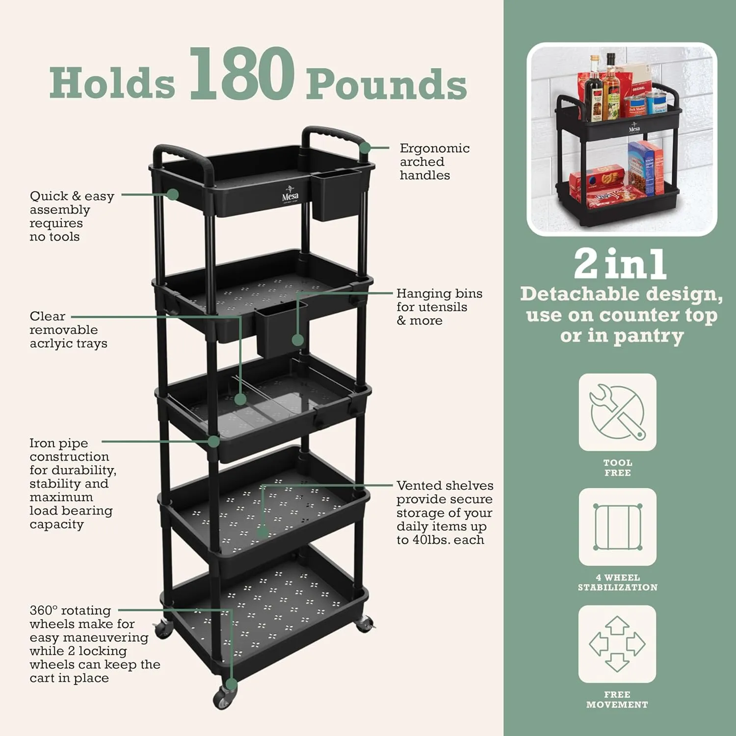 Inspired Living 5-Tier Plastic Rolling Utility Cart with Handle, Lockable Caster Wheels 2 Bins 3 Hanging Baskets & 4 Hooks, Multi-Functional Storage Trolley, for Kitchen, Living Room, Bathroom, Black