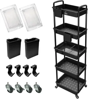 Inspired Living 5-Tier Plastic Rolling Utility Cart with Handle, Lockable Caster Wheels 2 Bins 3 Hanging Baskets & 4 Hooks, Multi-Functional Storage Trolley, for Kitchen, Living Room, Bathroom, Black