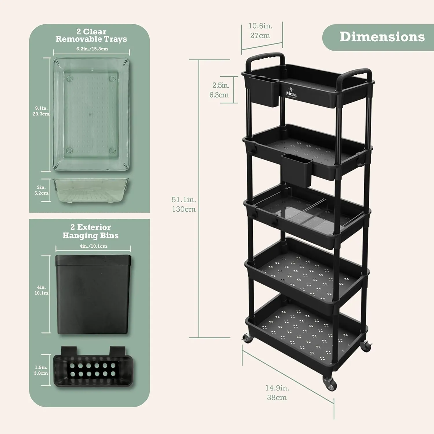 Inspired Living 5-Tier Plastic Rolling Utility Cart with Handle, Lockable Caster Wheels 2 Bins 3 Hanging Baskets & 4 Hooks, Multi-Functional Storage Trolley, for Kitchen, Living Room, Bathroom, Black