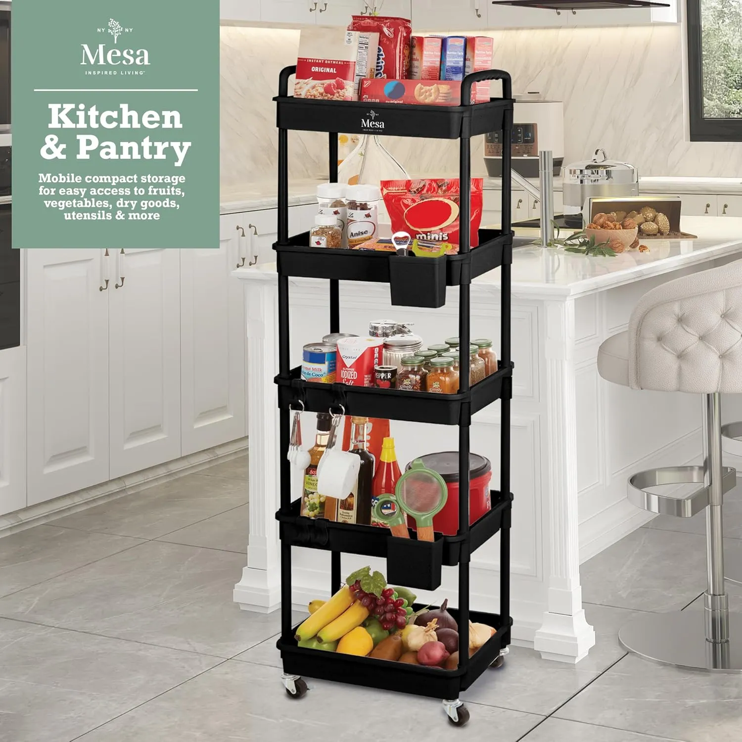 Inspired Living 5-Tier Plastic Rolling Utility Cart with Handle, Lockable Caster Wheels 2 Bins 3 Hanging Baskets & 4 Hooks, Multi-Functional Storage Trolley, for Kitchen, Living Room, Bathroom, Black