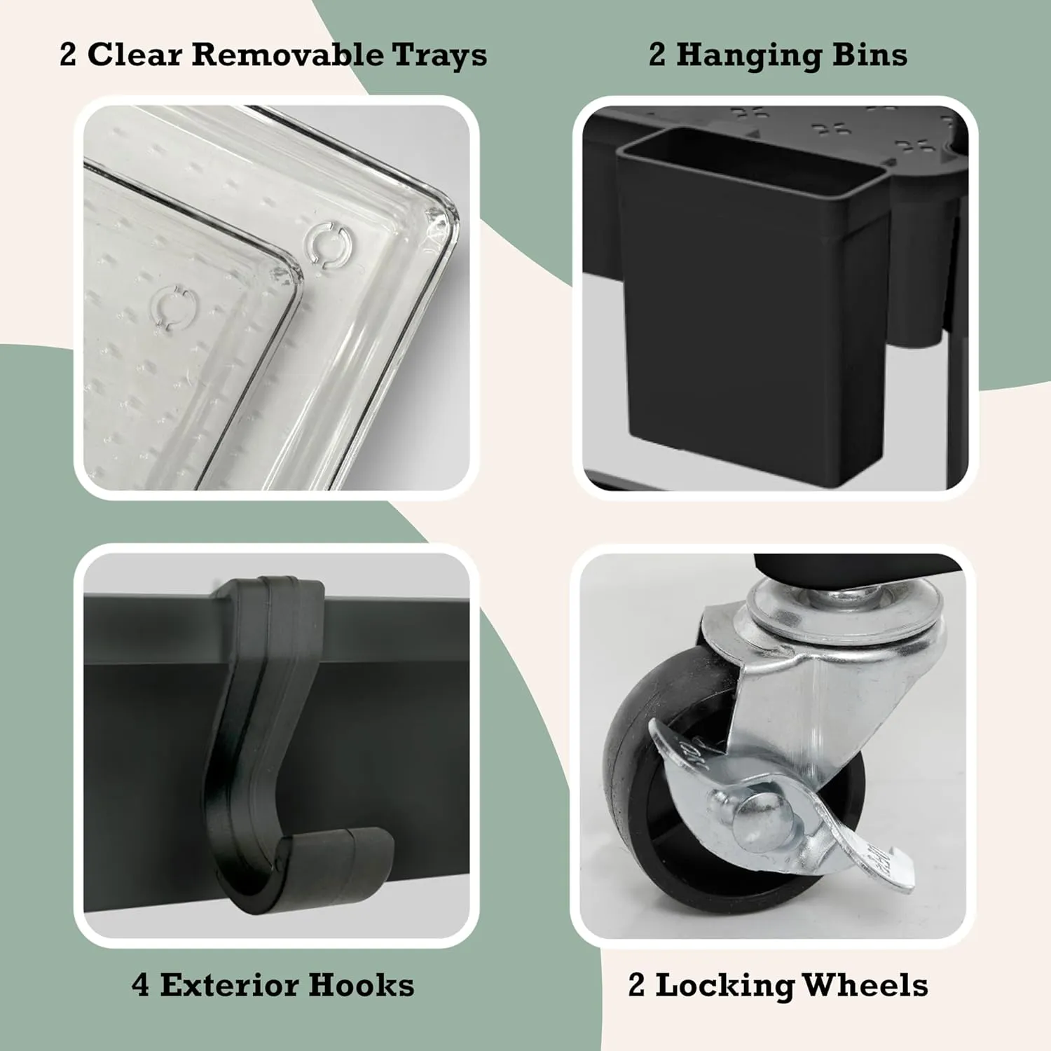 Inspired Living 5-Tier Plastic Rolling Utility Cart with Handle, Lockable Caster Wheels 2 Bins 3 Hanging Baskets & 4 Hooks, Multi-Functional Storage Trolley, for Kitchen, Living Room, Bathroom, Black