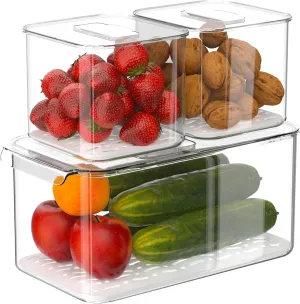 iPEGTOP Fridge Produce Saver Food Storage Bin Containers, Stackable Refrigerator Freezer Organizer Fresh Keeper Container with Vented Lids, 3 Pack